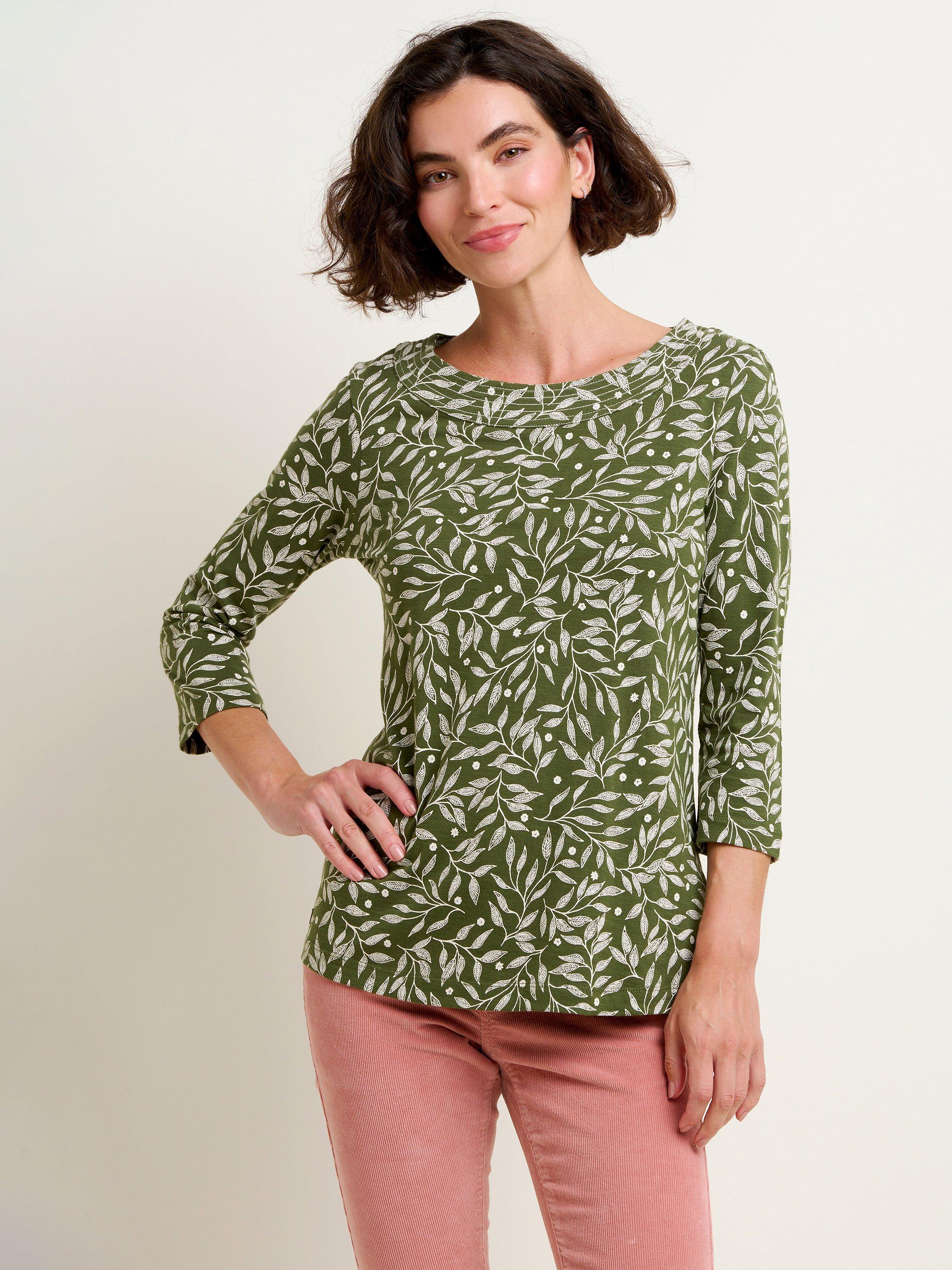 Brakeburn Orchard Leaf Cotton T-Shirt, Khaki/White