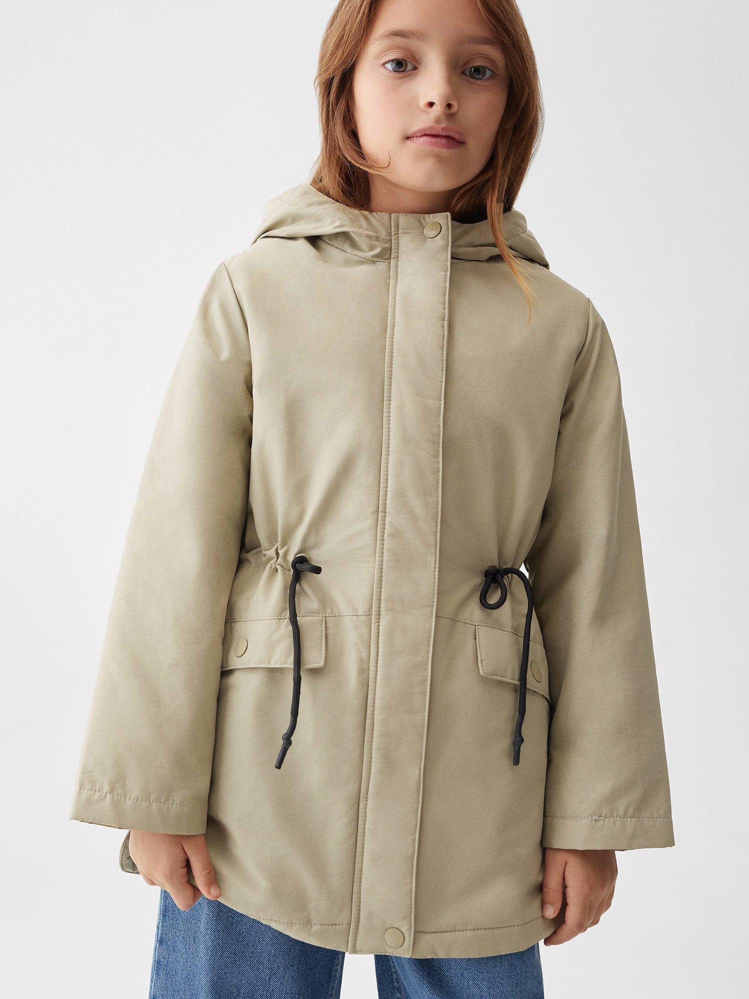 Mango Kids' Edik Hooded Water Repellent Coat, Beige/Khaki