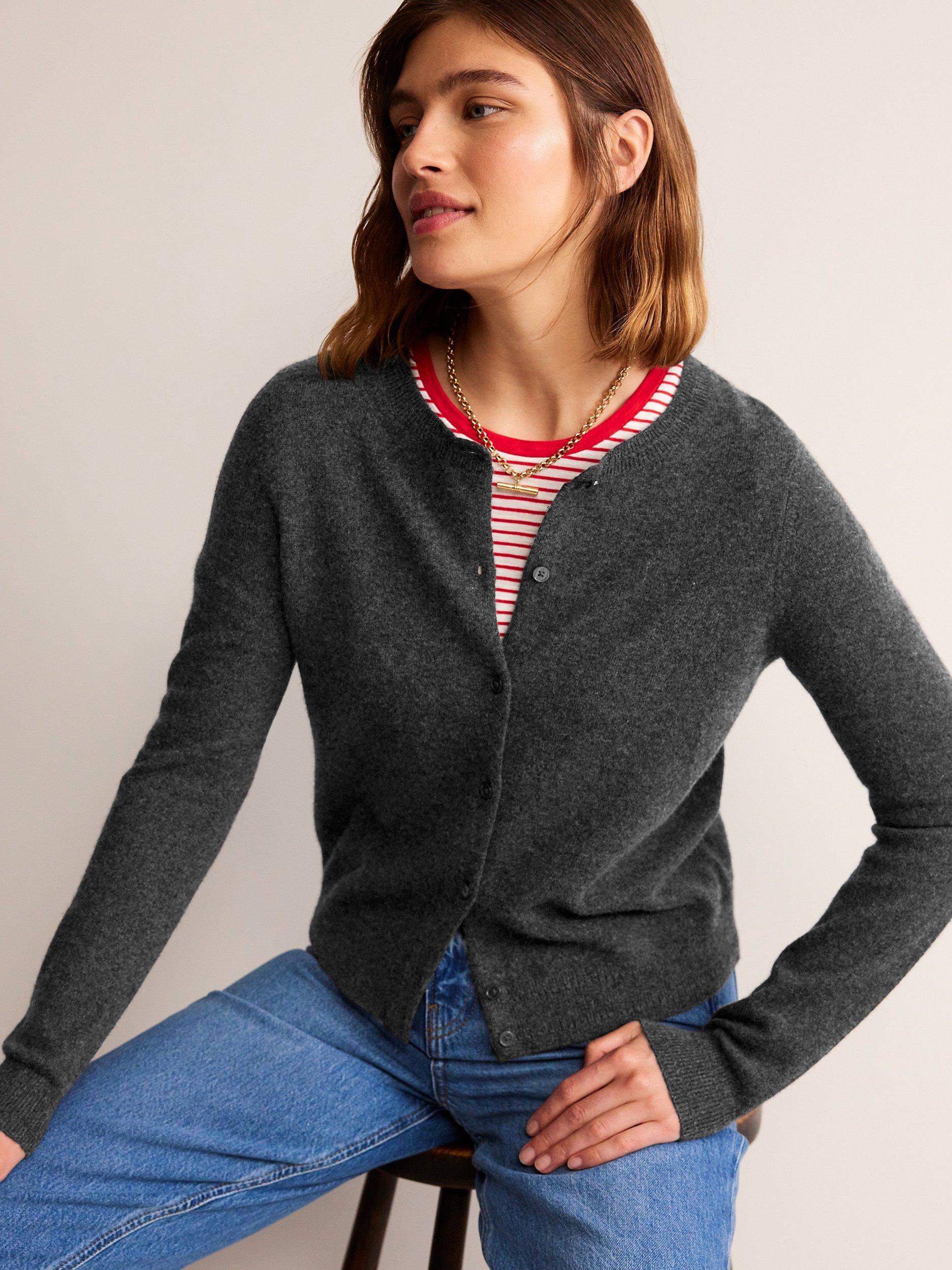 Boden Eva Cashmere Crew Cardigan, Charcoal Melange