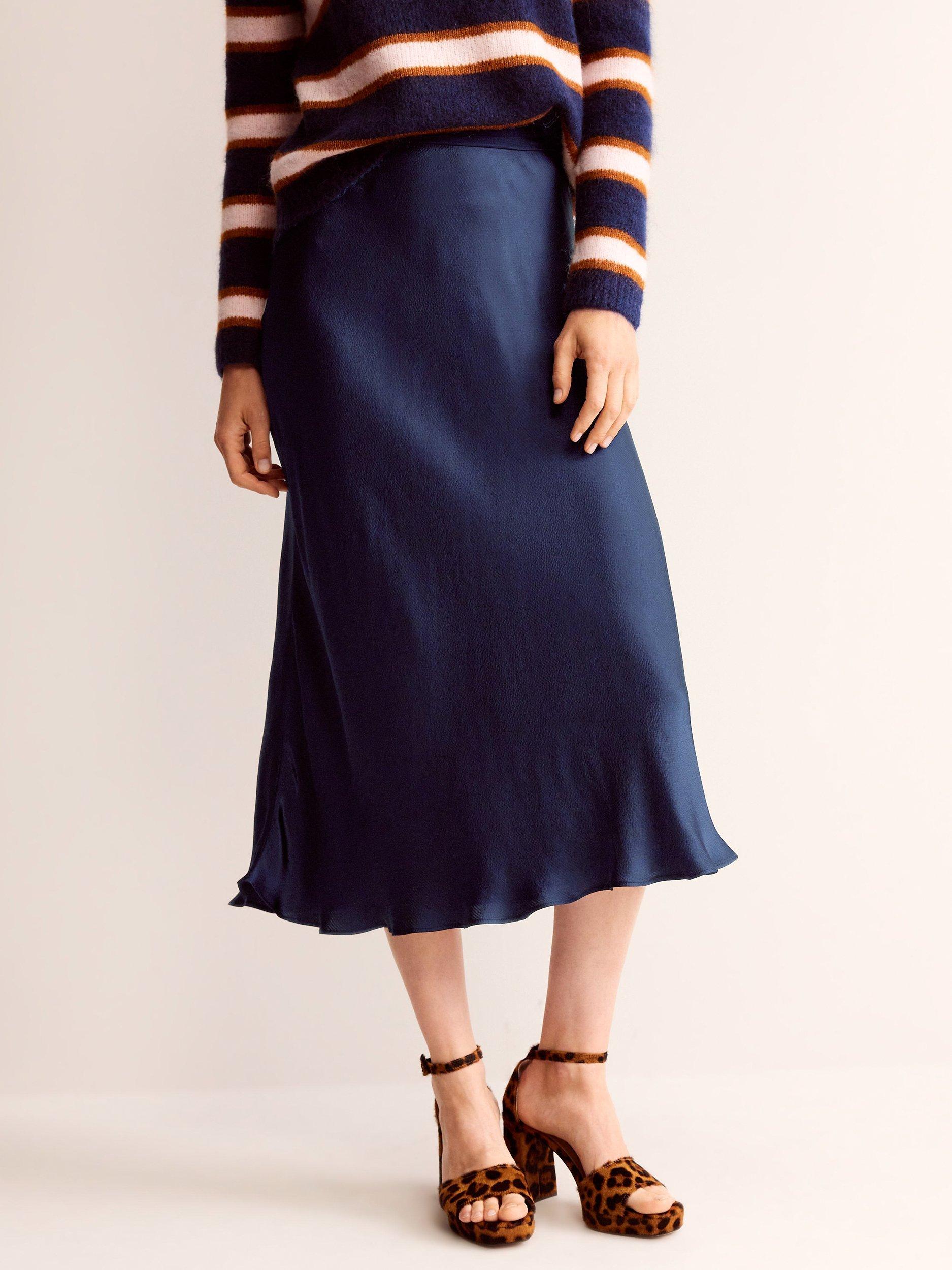 Boden Cecelia Satin Bias Cut Midi Skirt, Navy
