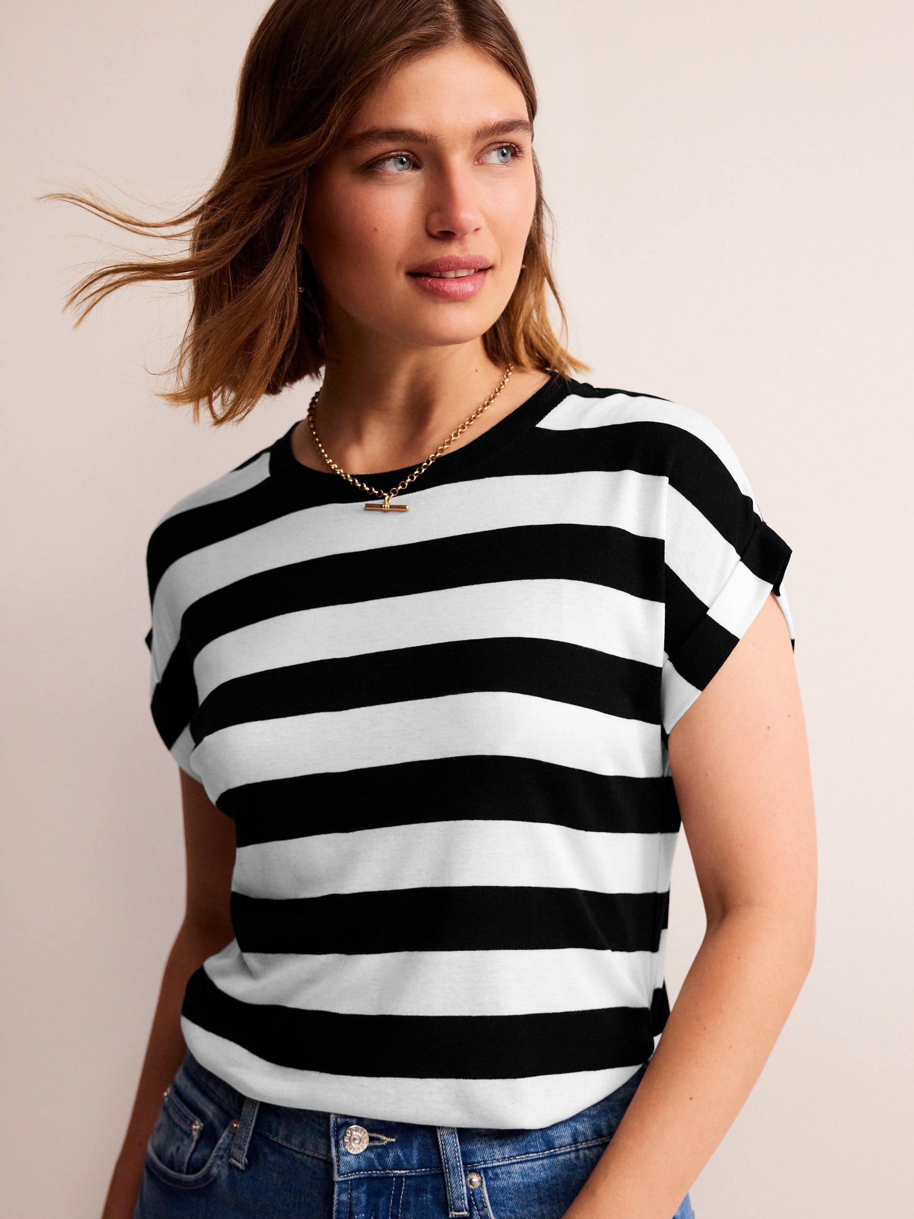 Boden Tamsin Short Sleeve Stripe Top, Black/Ivory