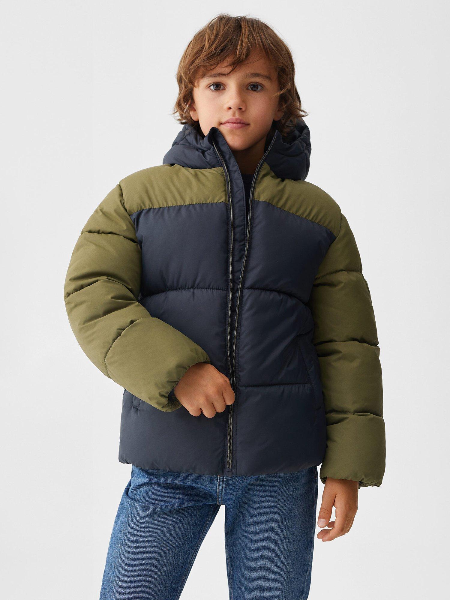 Mango Kids' Colour Block Hooded Puffer Jacket, Beige/Khaki