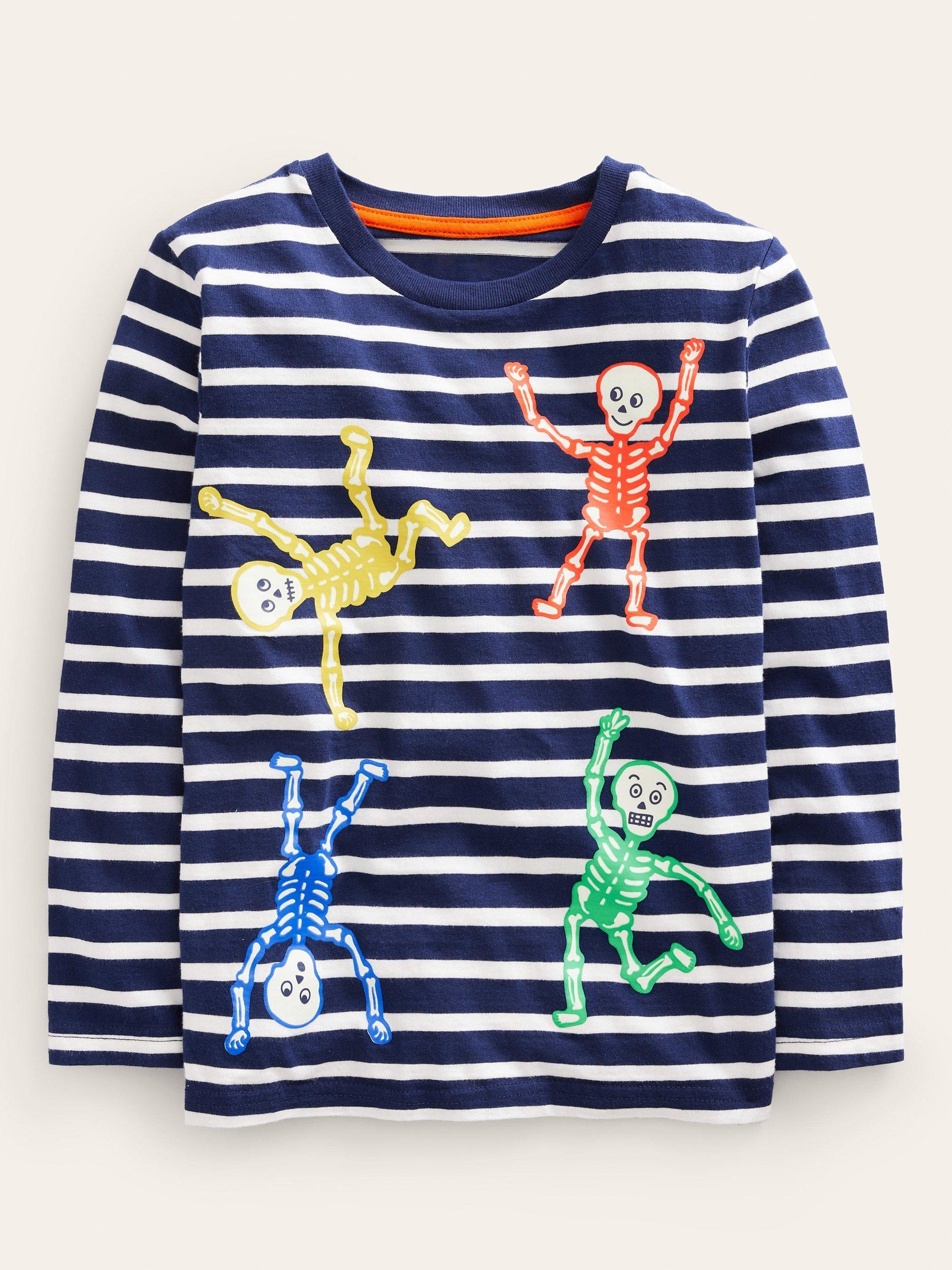 Mini Boden Kids'  Halloween Skeleton Applique Stripe T-Shirt, Navy