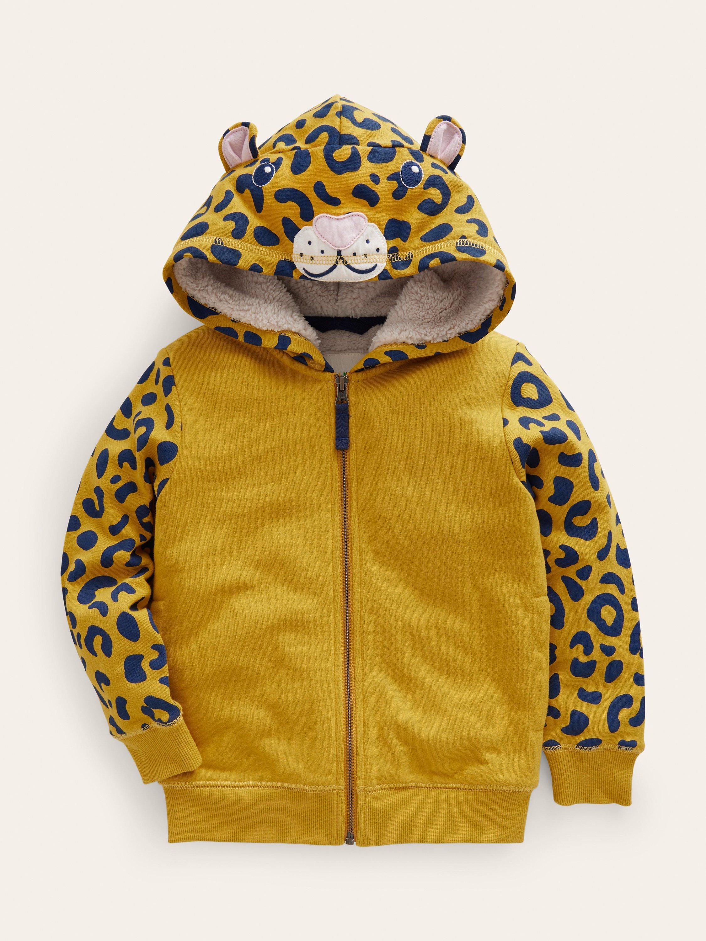 Mini Boden Kids' Sherpa Lined Novelty Hoodie, Dijon Yellow Leopard
