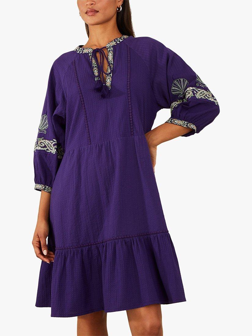 Accessorize Shell Embroidered Short Cotton Dress, Navy