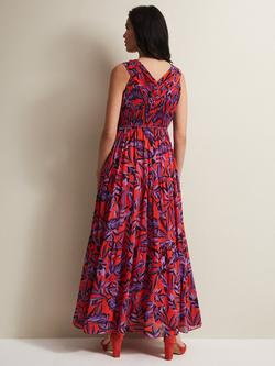 Phase Eight Recycled Leaf Print Pleated Maxi Dress, Vermillion/Multi - view 2, Vermillion/Multi
