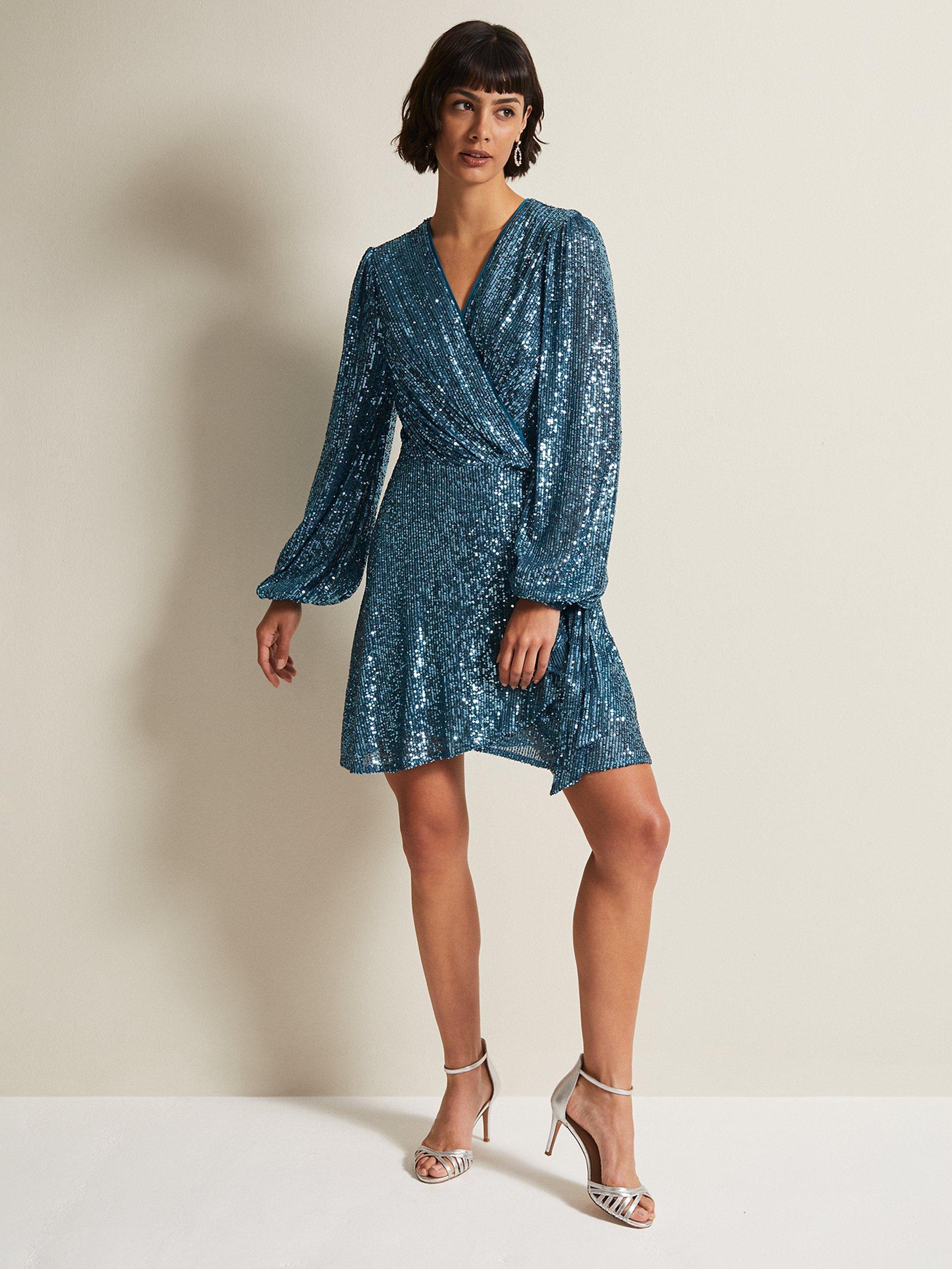 Phase Eight Carissa Sequin Wrap Mini Dress, Teal