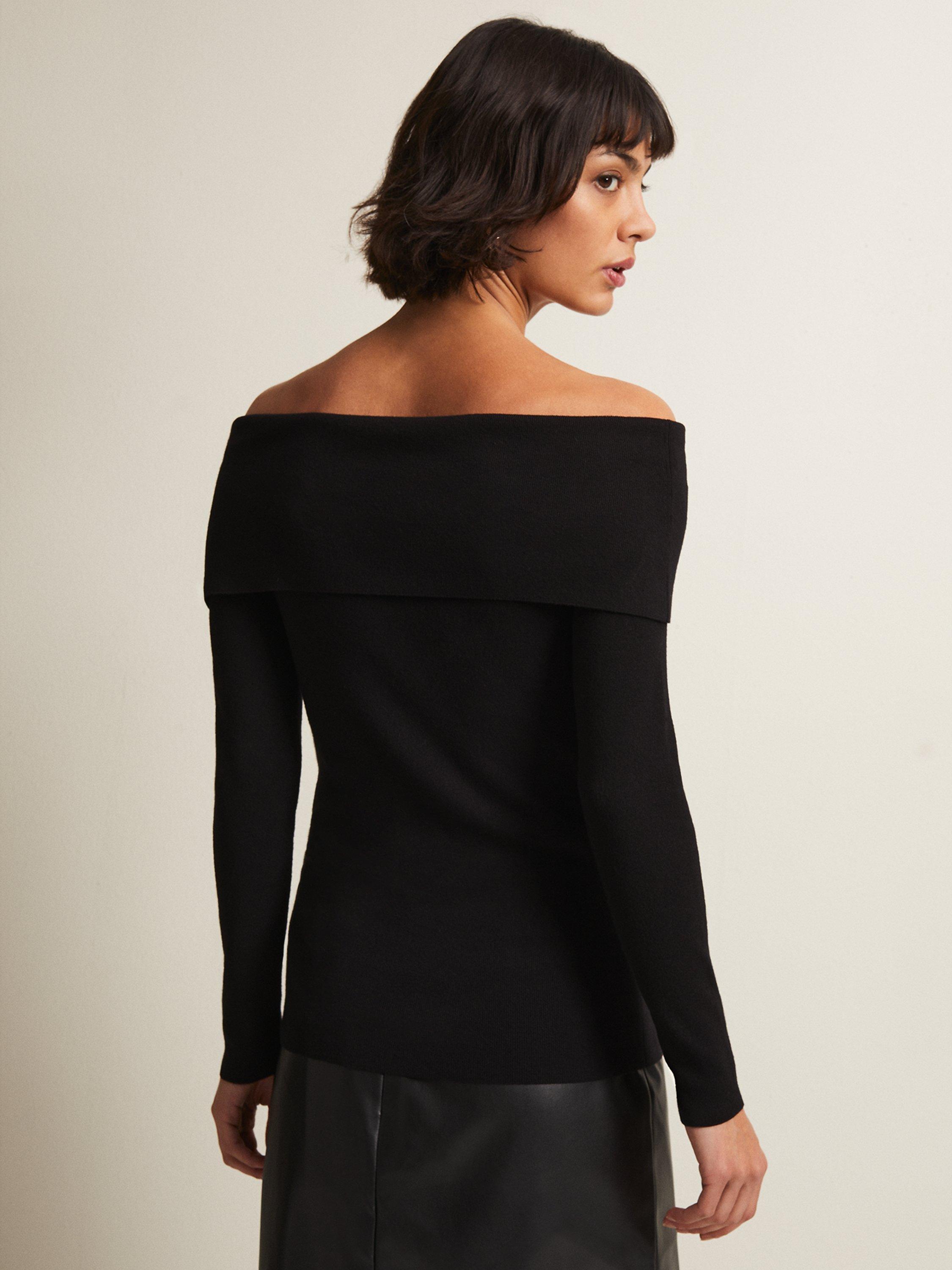 Product image 2 of 7, which shows Phase Eight Nya Fine Knit Bardot Top, Black, L