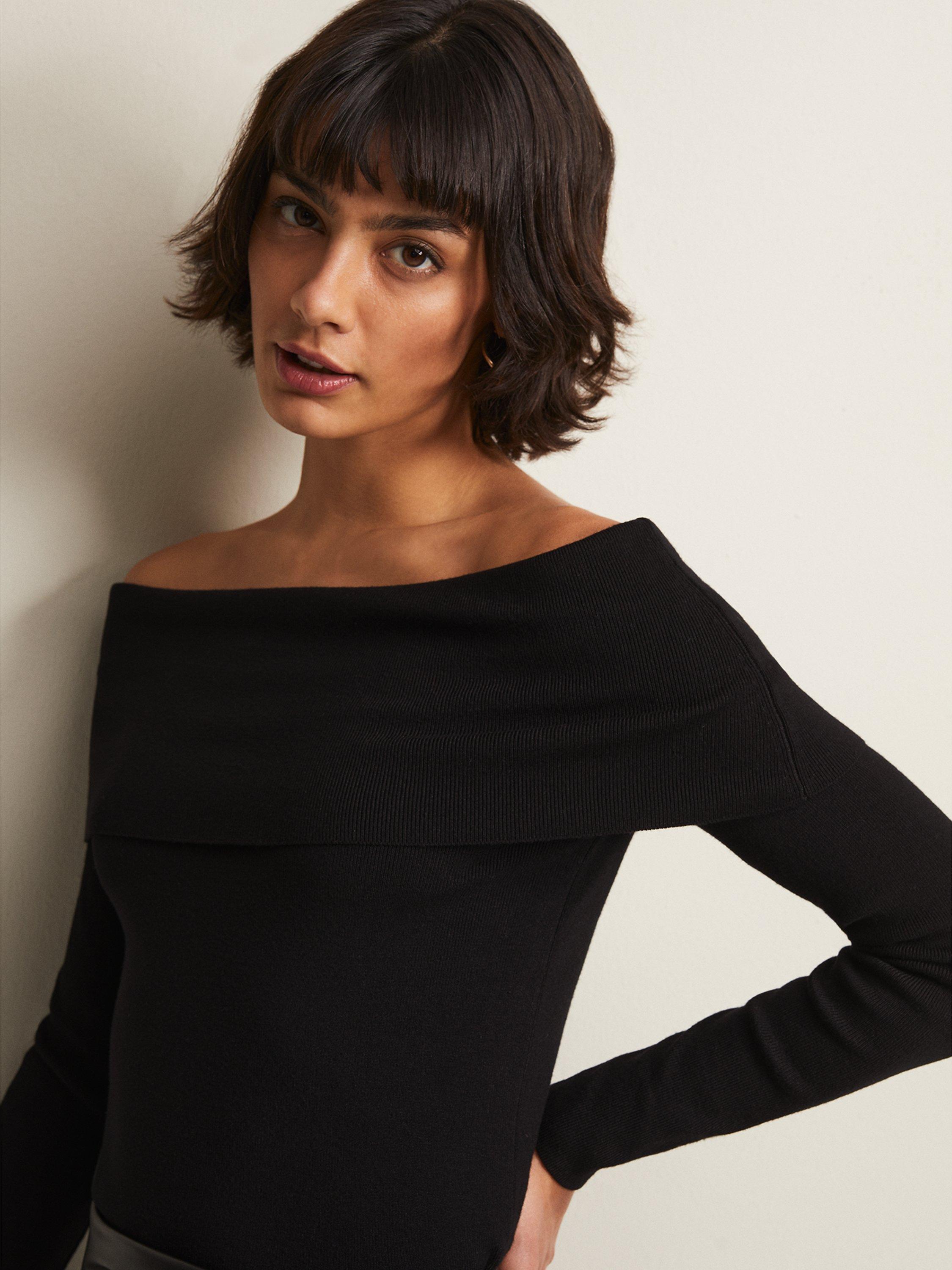 Product image 4 of 7, which shows Phase Eight Nya Fine Knit Bardot Top, Black, L