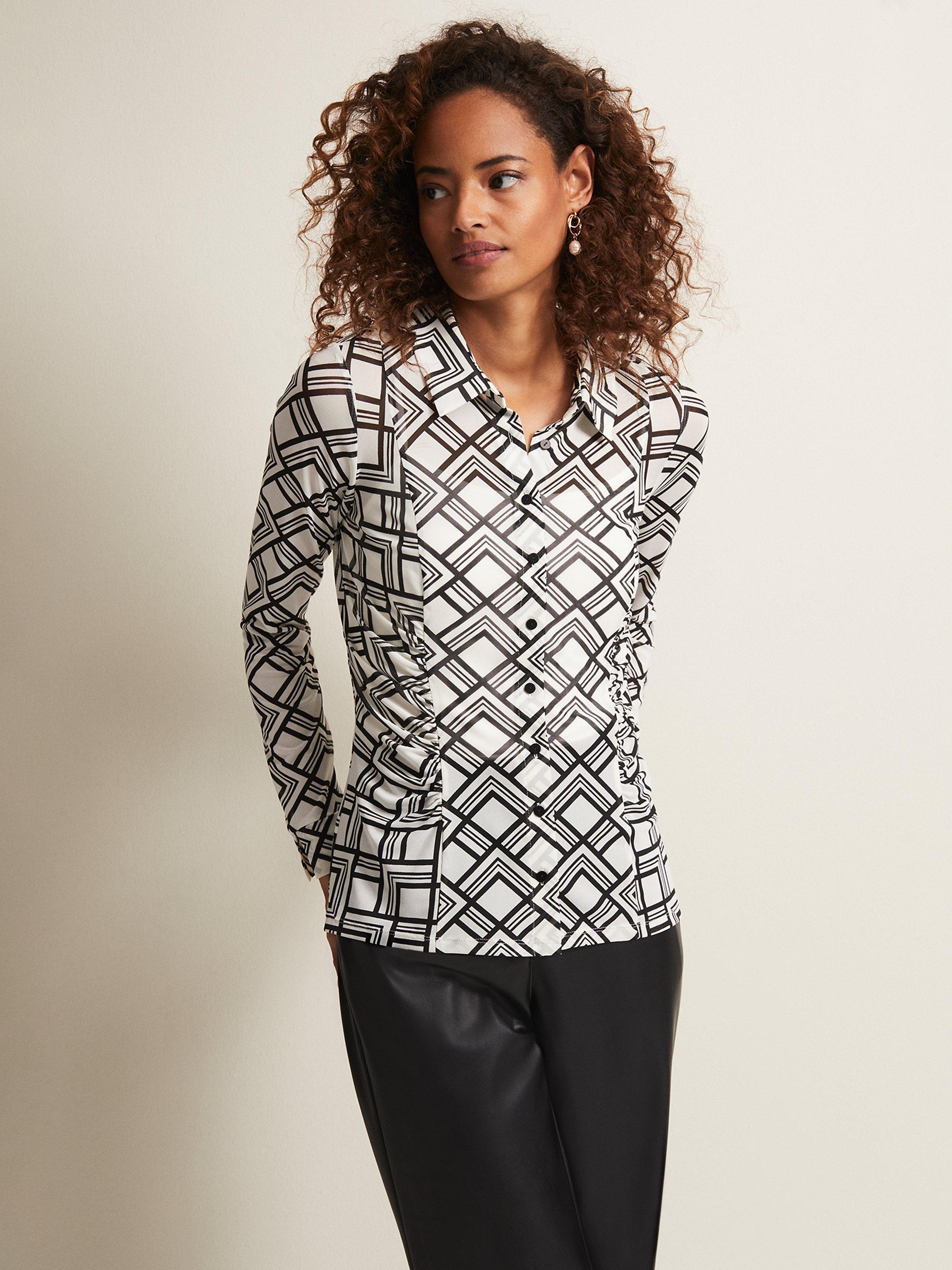 Phase Eight Zaylia Geo Mesh Print Shirt, Black/Ivory