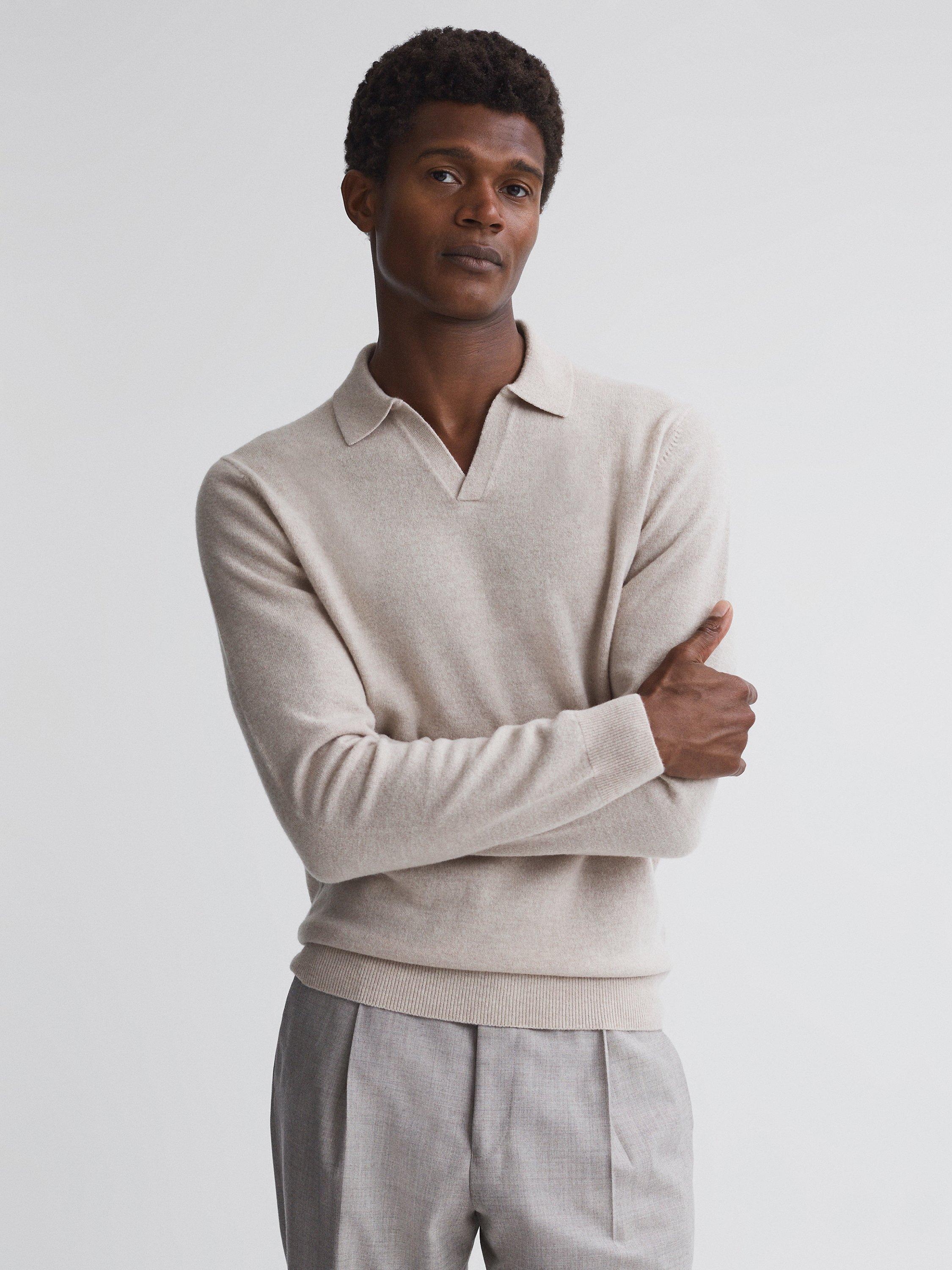 Reiss Swifts Wool Blend Knit Polo Shirt, Oatmeal Melange