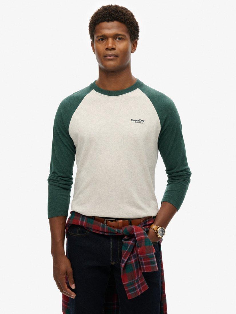 Product image 1 of 5, which shows Superdry Essential Baseball Long Sleeve Top, Glacier Grey/Green, S