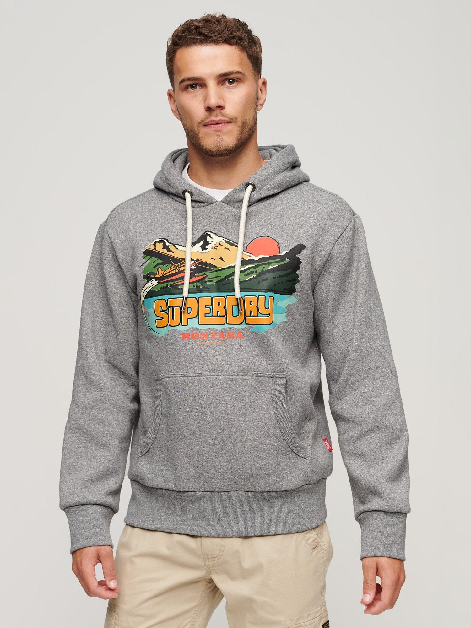 Superdry Travel Postcard Graphic Hoodie, Dark Grey Fleck Marl