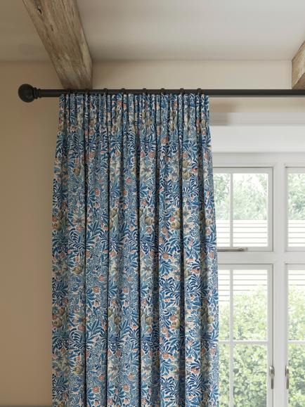 Morris & Co. Bower Pair Lined Pencil Pleat Curtains, Indigo/Pearwood
