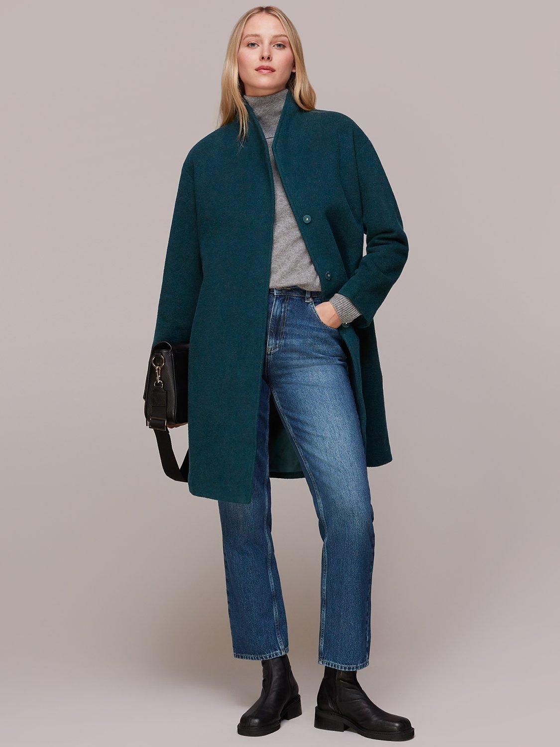 Whistles Clara Funnel Neck Wool Blend Coat, Teal