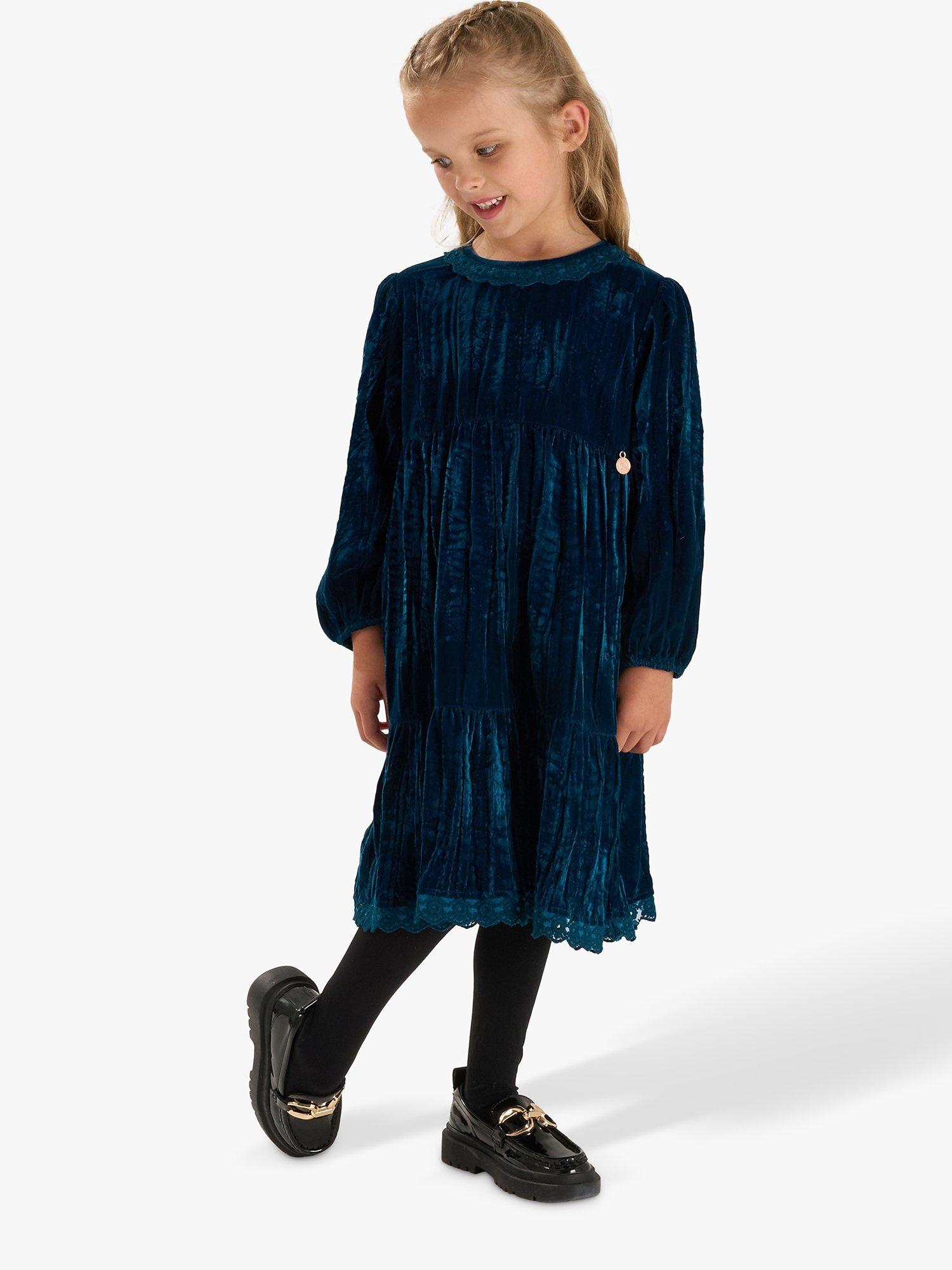 Angel Rocket Kids Mia Crushed Velvet Lace Collar Dress Teal