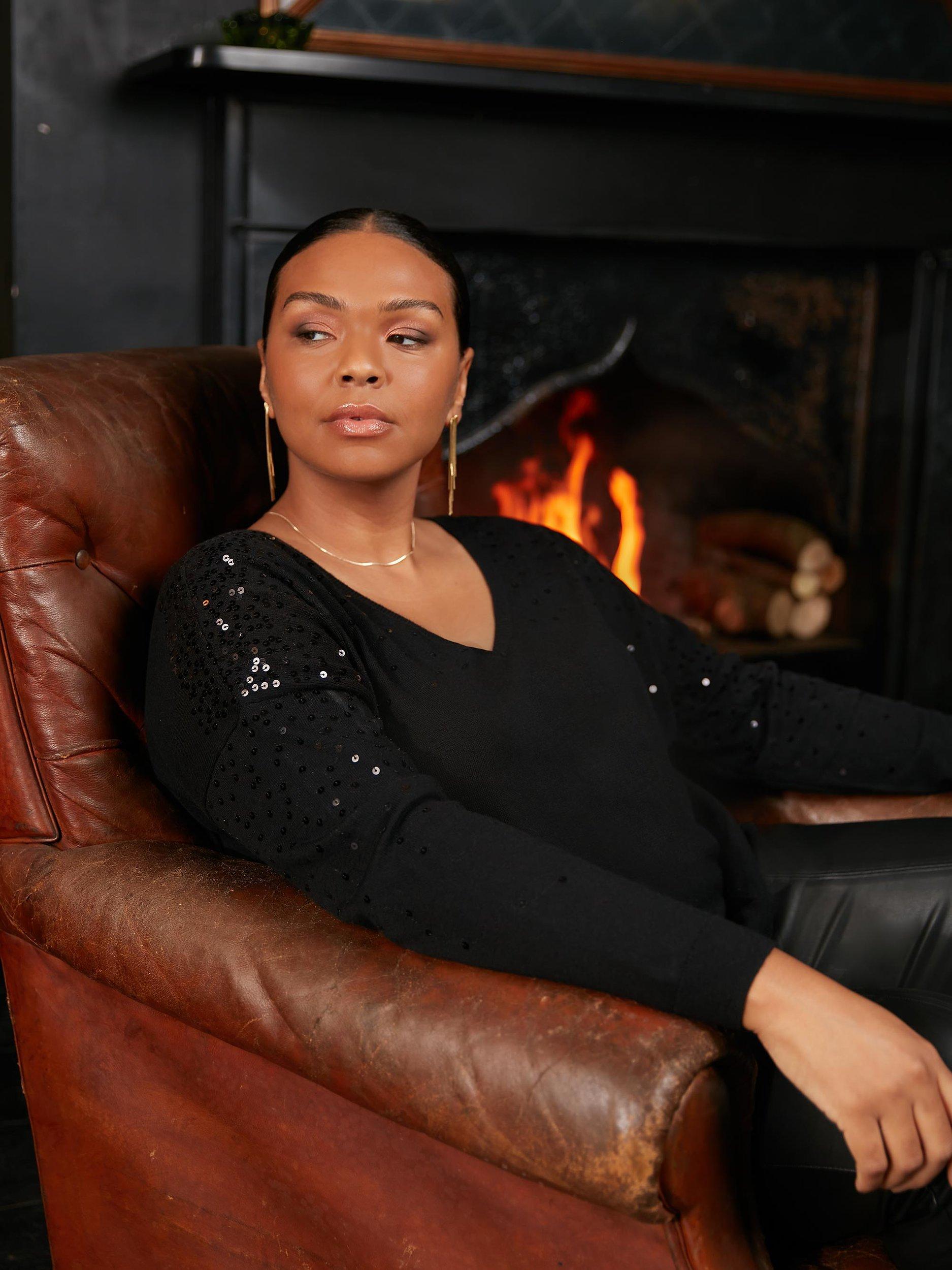 Live Unlimited Curve Sequin Cotton & Cashmere Blend Jumper, Black