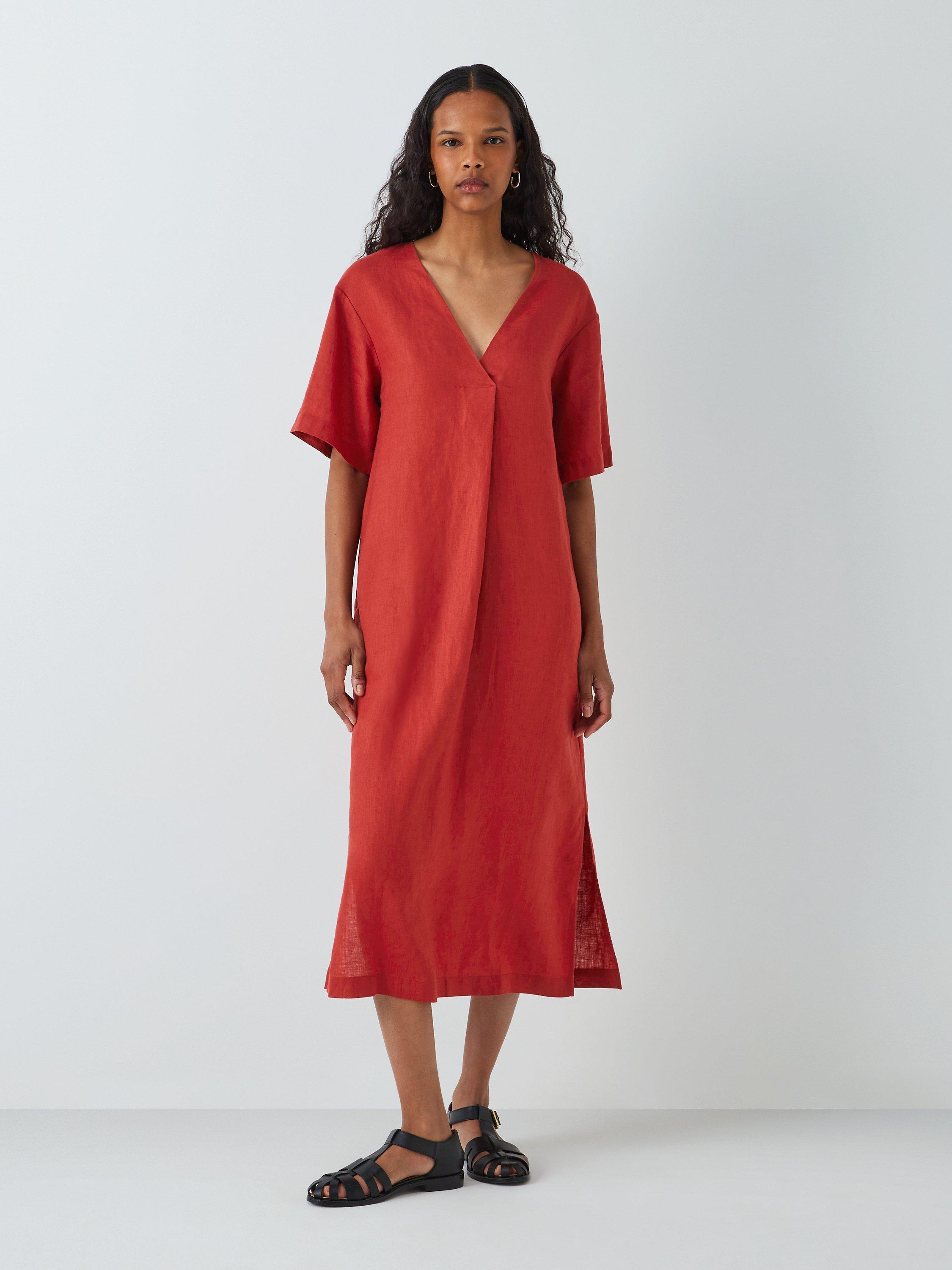 John Lewis Linen V-Neck Midi Dress, Bossa Nova
