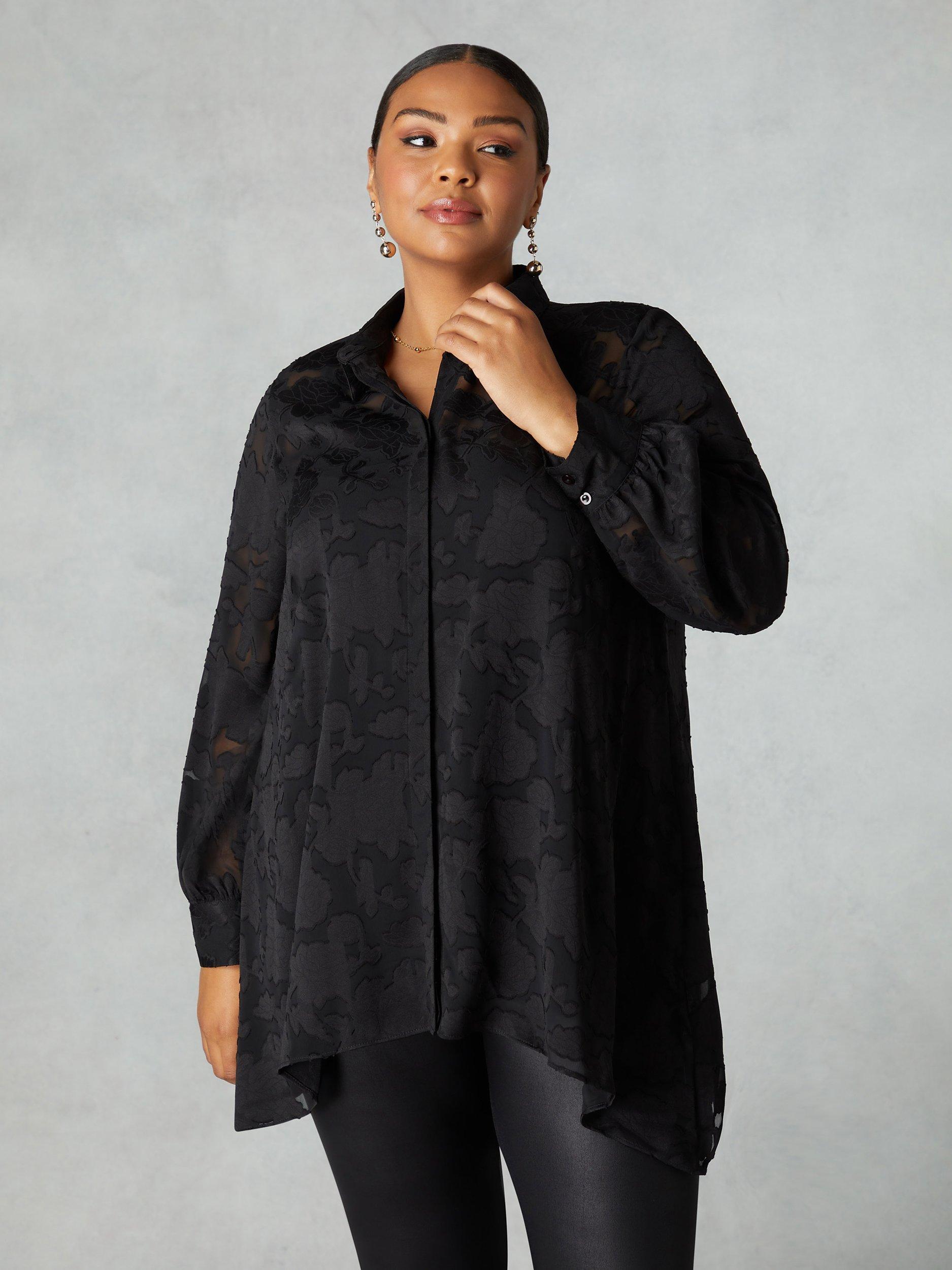 Live Unlimited Curve Floral Burnout Hanky Hem Shirt, Black