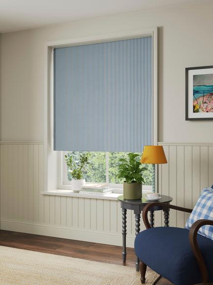 John Lewis Conwy Stripe Blackout Roller Blind - view 2, Lake Blue