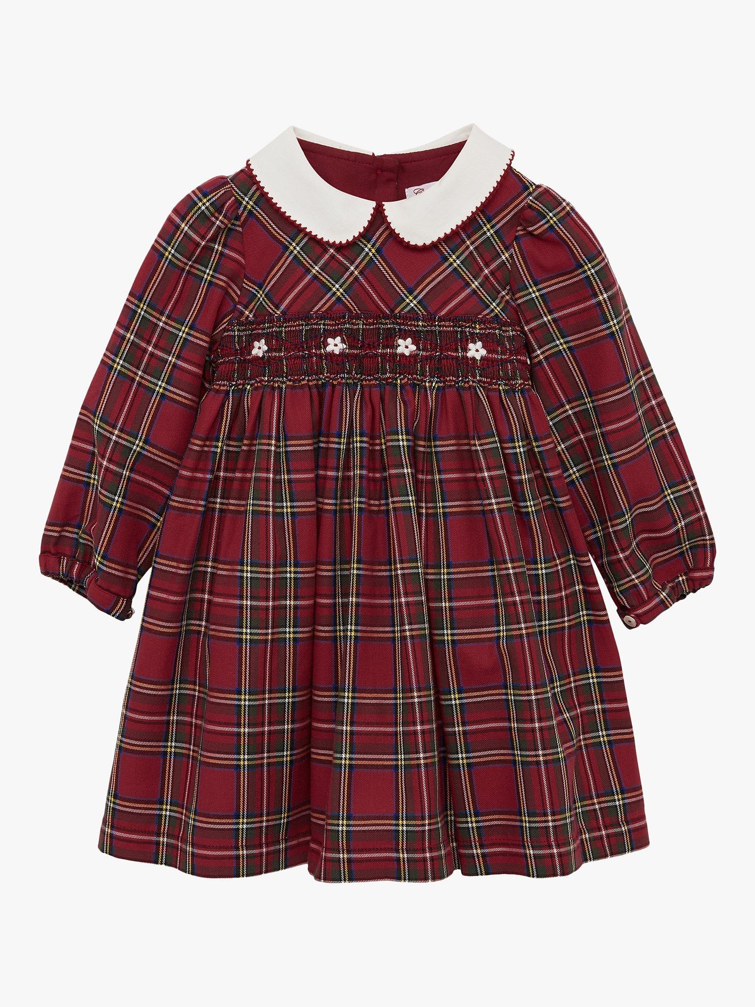 Trotters Charlotte Baby Tartan Smocked Festive Dress, Red/Multi