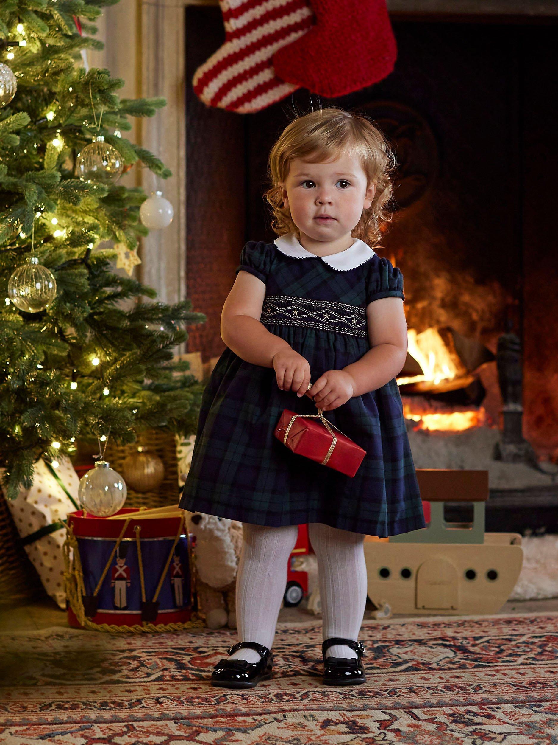 Product image 6 of 6, which shows Trotters Charlotte Baby Tartan Smocked Dress, Navy/Multi, 3-6 months