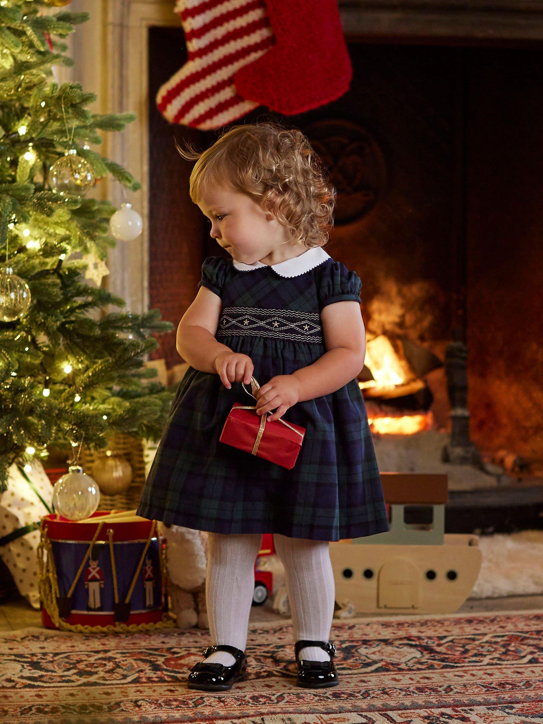 Product image 5 of 6, which shows Trotters Charlotte Baby Tartan Smocked Dress, Navy/Multi, 3-6 months