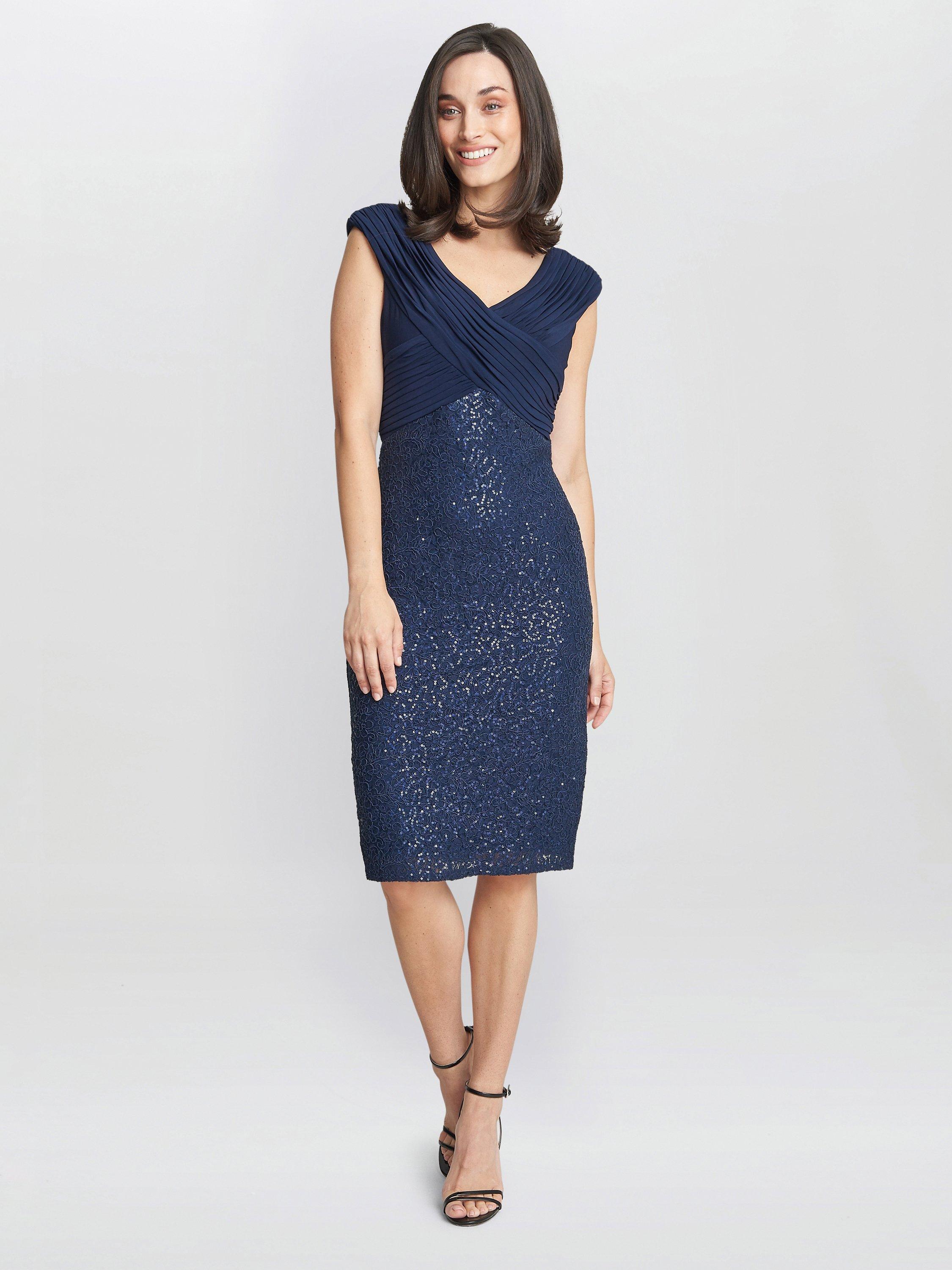 Product image 3 of 5, which shows Gina Bacconi Blair Cross Pleated Bodice Dress, Navy, 10