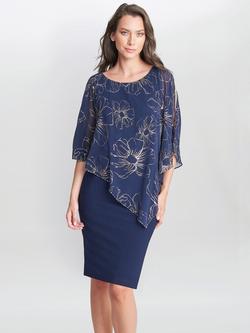 Gina Bacconi Fiona Floral Cape Shift Dress, Navy/Gold