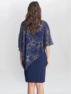 Gina Bacconi Fiona Floral Cape Shift Dress - view 2, Navy/Gold