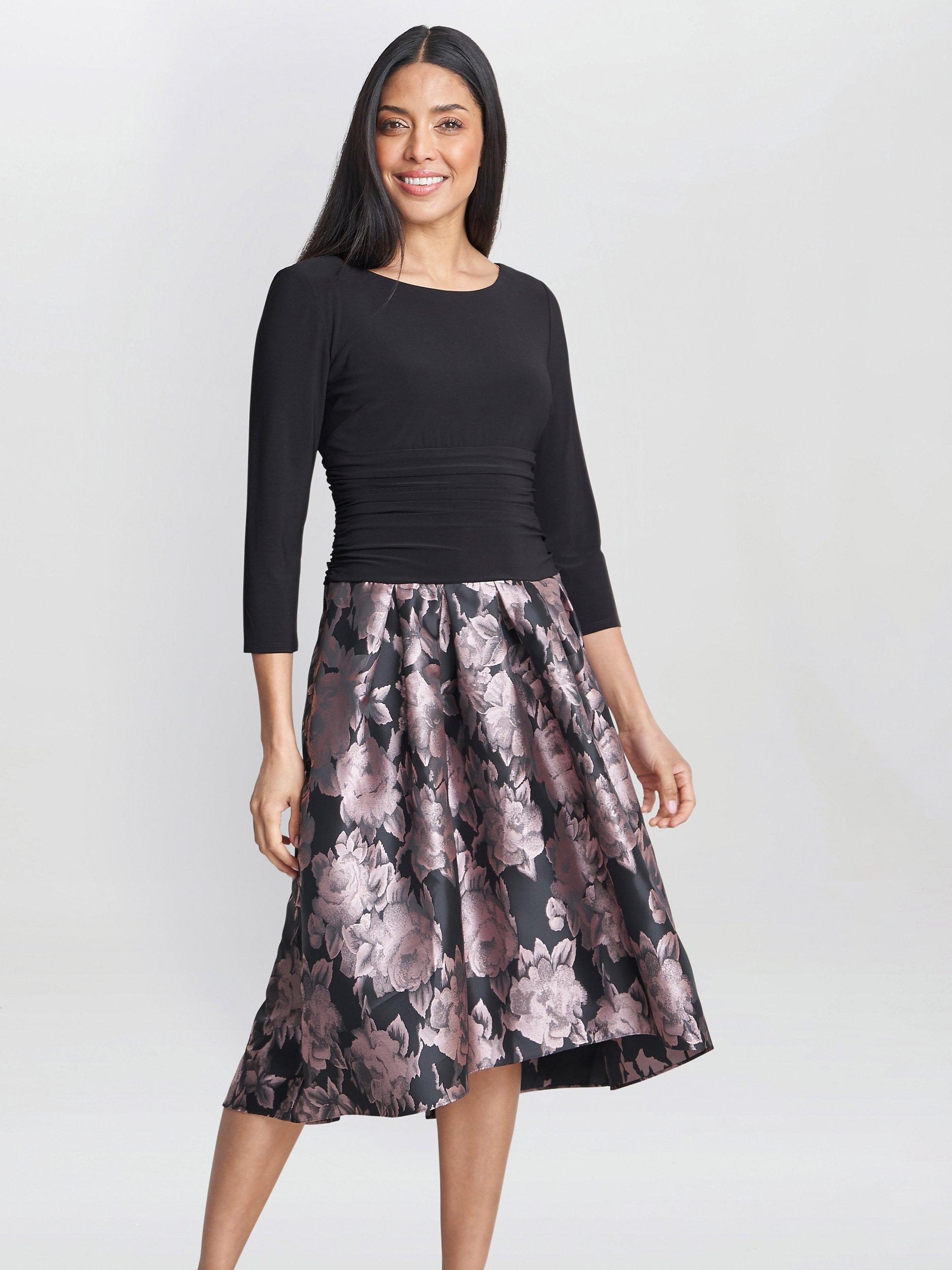 Product image 1 of 6, which shows Gina Bacconi Hannah Floral Jacquard Midi Dress, Black/Pink, 12