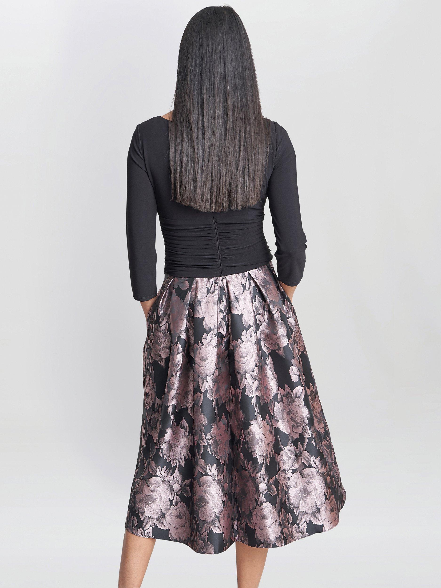 Product image 2 of 6, which shows Gina Bacconi Hannah Floral Jacquard Midi Dress, Black/Pink, 12