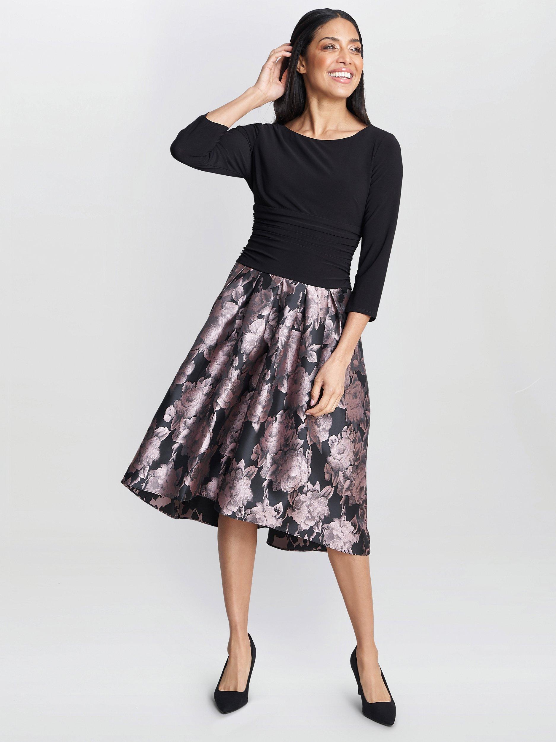 Product image 3 of 6, which shows Gina Bacconi Hannah Floral Jacquard Midi Dress, Black/Pink, 12