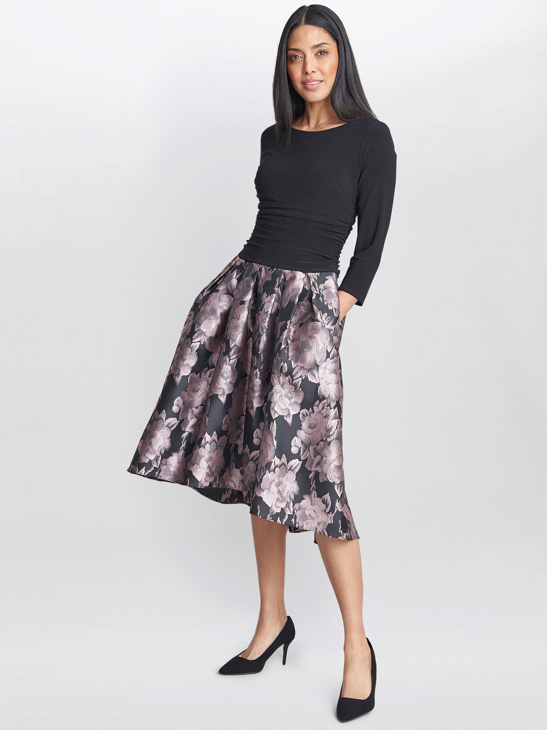 Product image 6 of 6, which shows Gina Bacconi Hannah Floral Jacquard Midi Dress, Black/Pink, 12