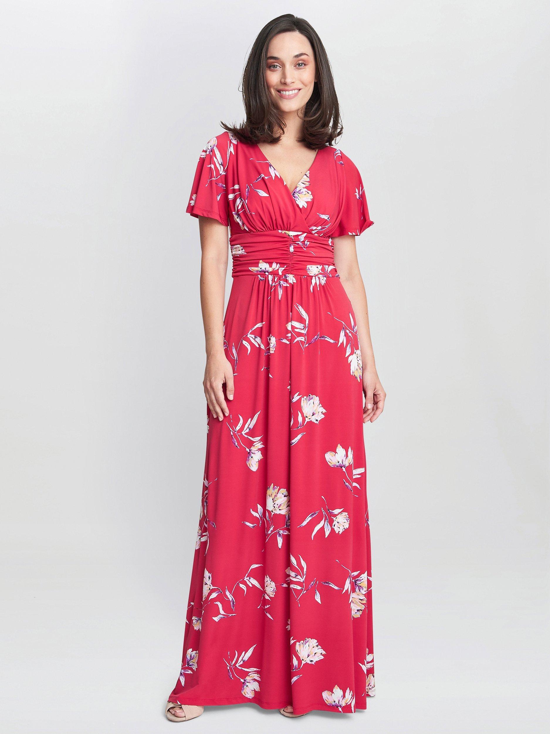 Product image 1 of 5, which shows Gina Bacconi Fabiana Floral Jersey Maxi Dress, Dark Red, 10