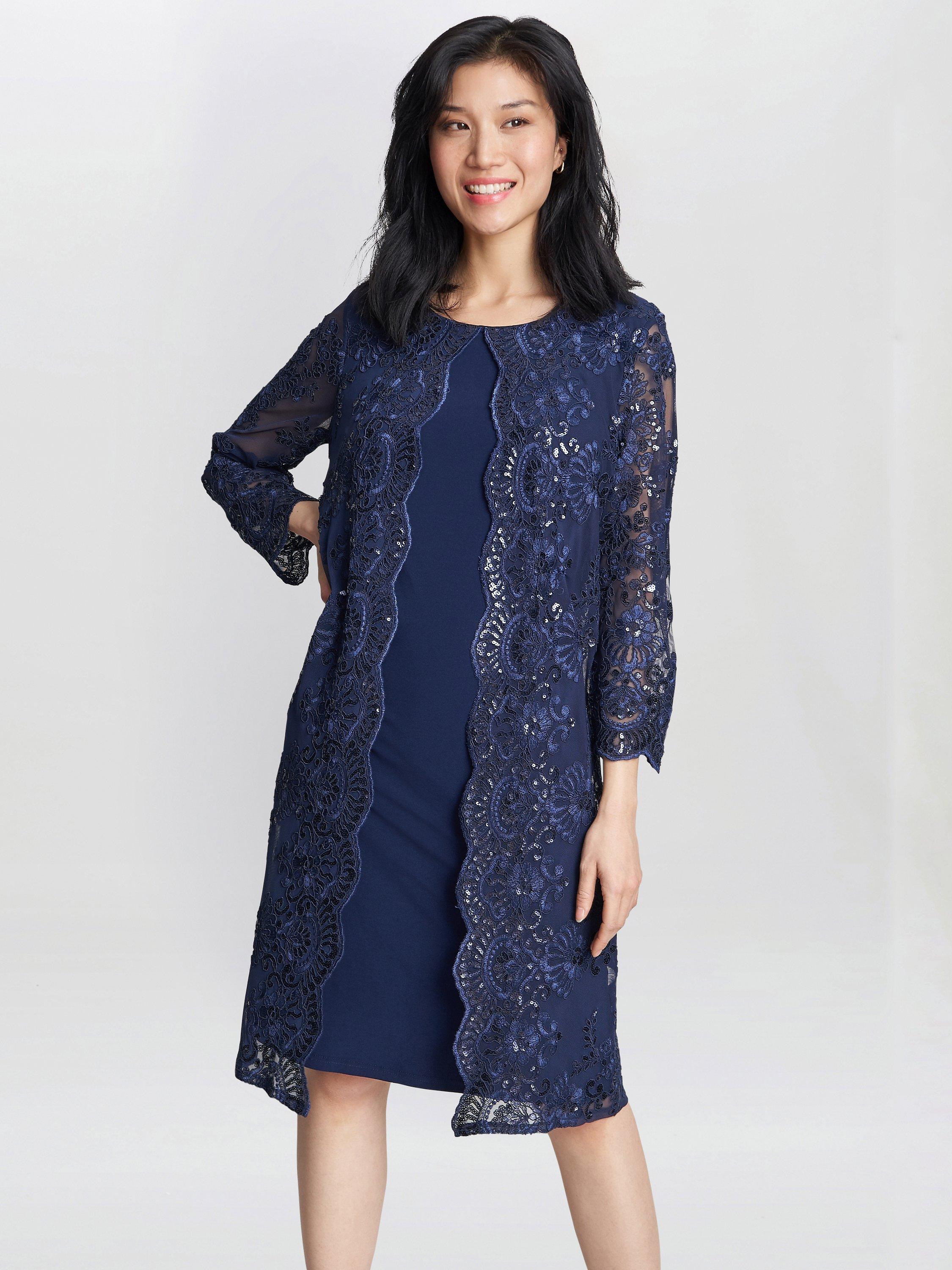 Gina Bacconi Yasmina Mock Jacket Embroidered Dress Spring Navy