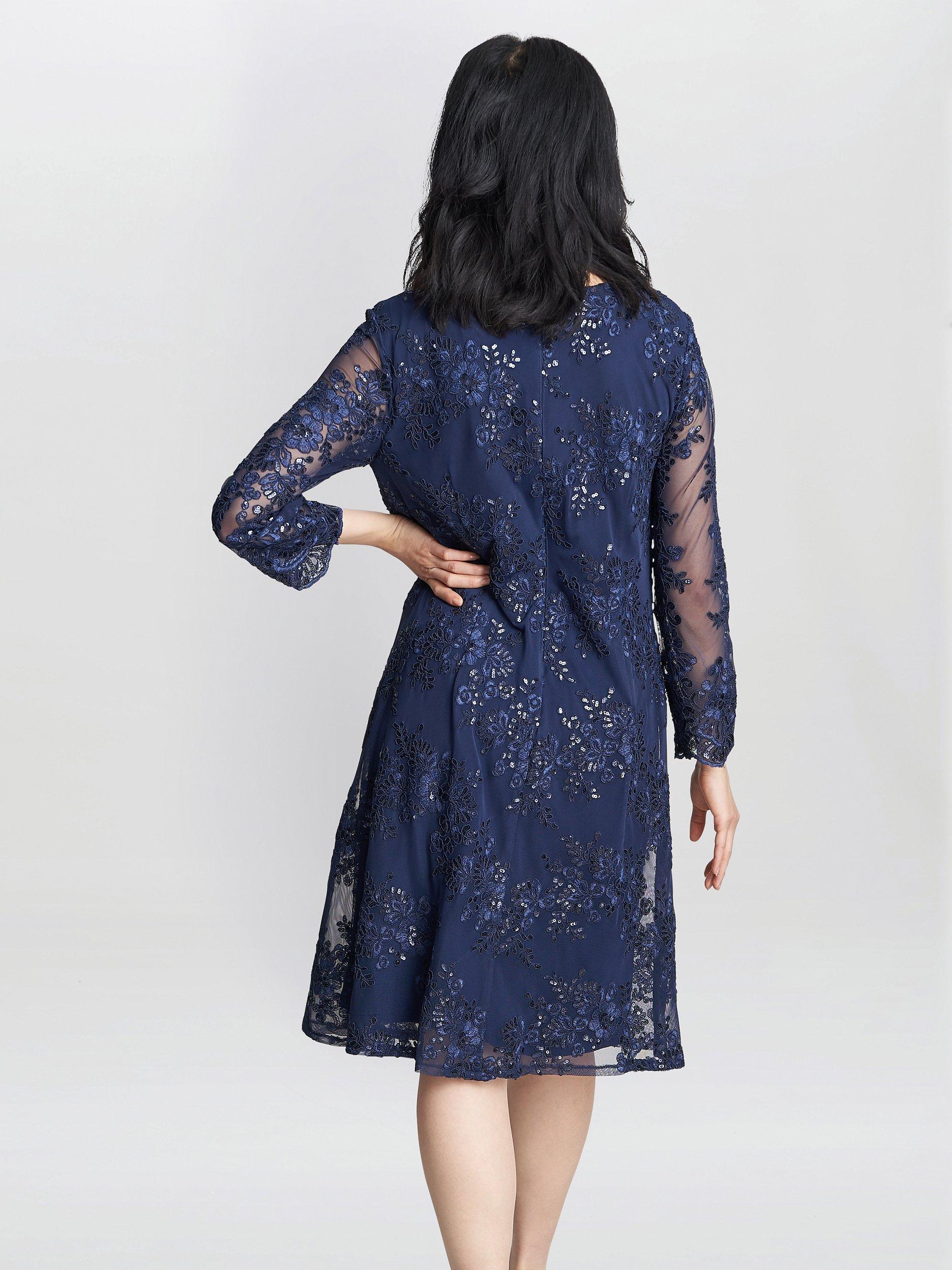Product image 2 of 5, which shows Gina Bacconi Yasmina Mock Jacket Embroidered Dress, Spring Navy, 10