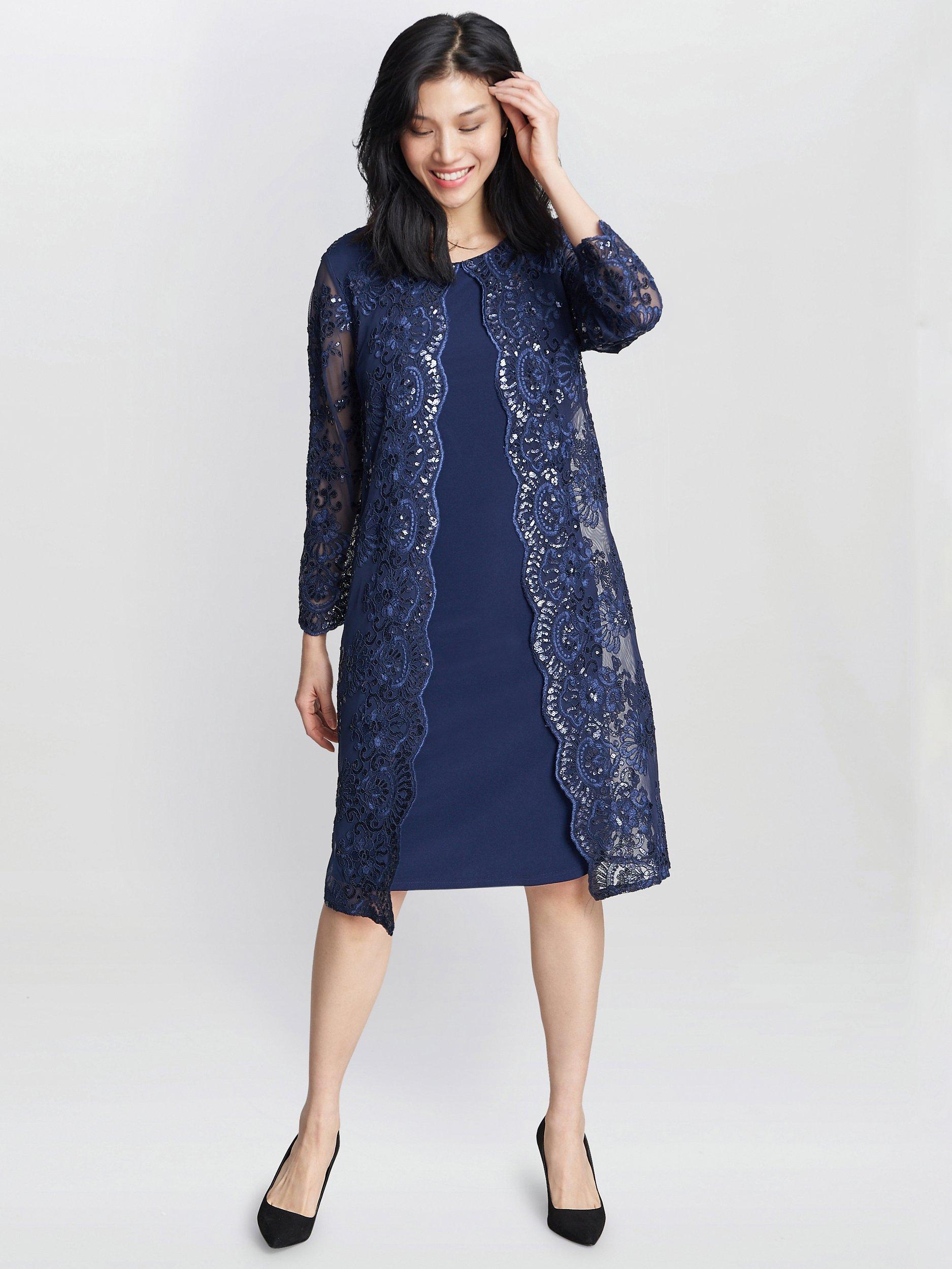 Product image 3 of 5, which shows Gina Bacconi Yasmina Mock Jacket Embroidered Dress, Spring Navy, 10