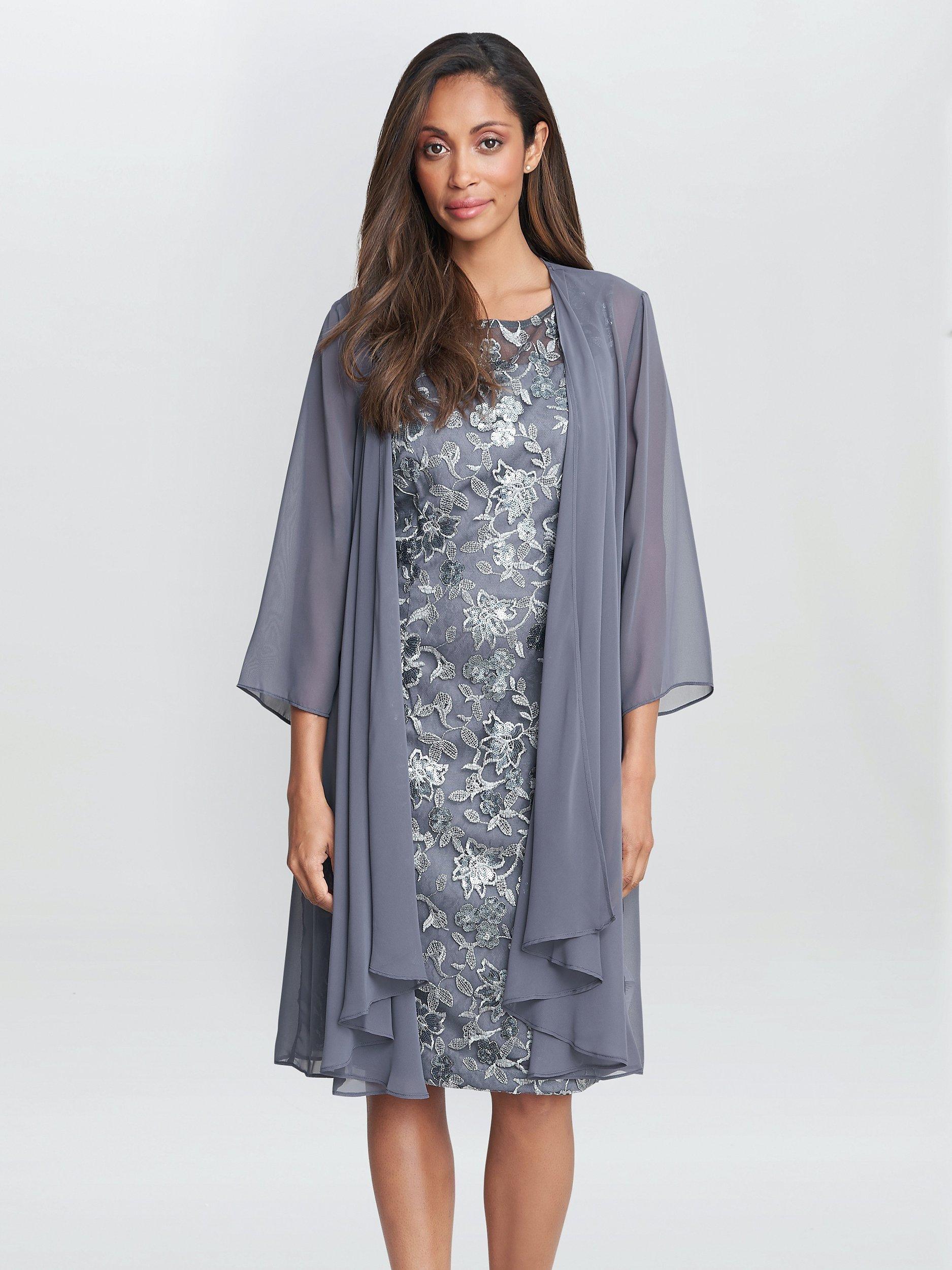 Gina Bacconi Gladys Embroidered Dress with Chiffon Jacket Pewter