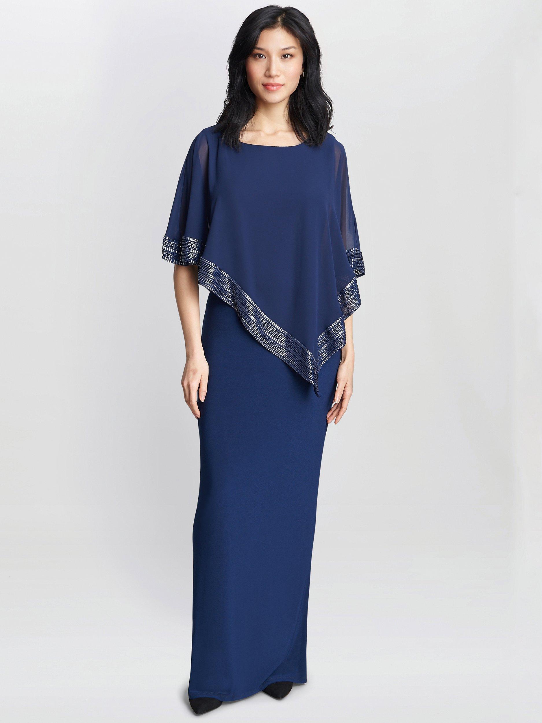Product image 1 of 5, which shows Gina Bacconi Amber Asymmetrical Cape Maxi Dress, Dark Navy, 14