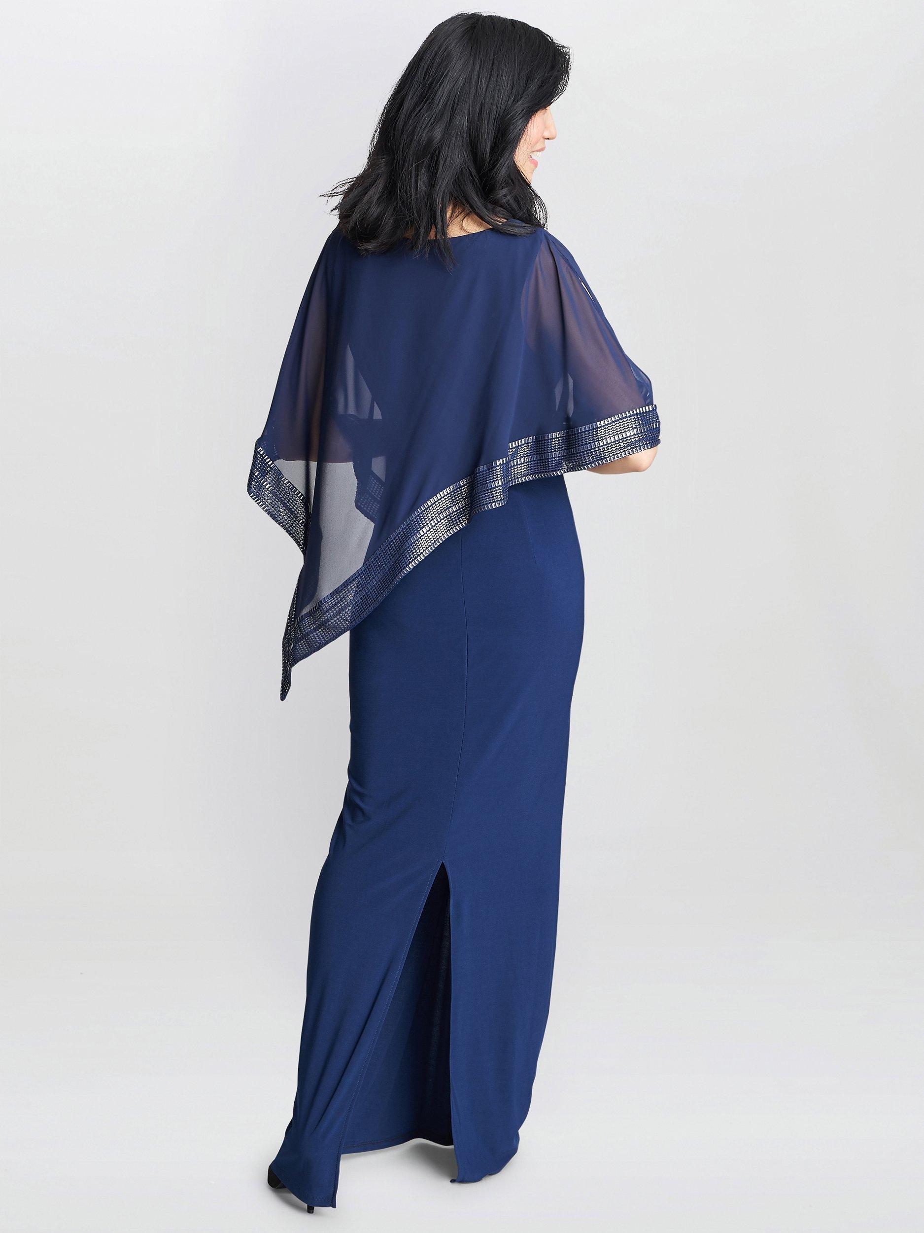 Product image 2 of 5, which shows Gina Bacconi Amber Asymmetrical Cape Maxi Dress, Dark Navy, 14