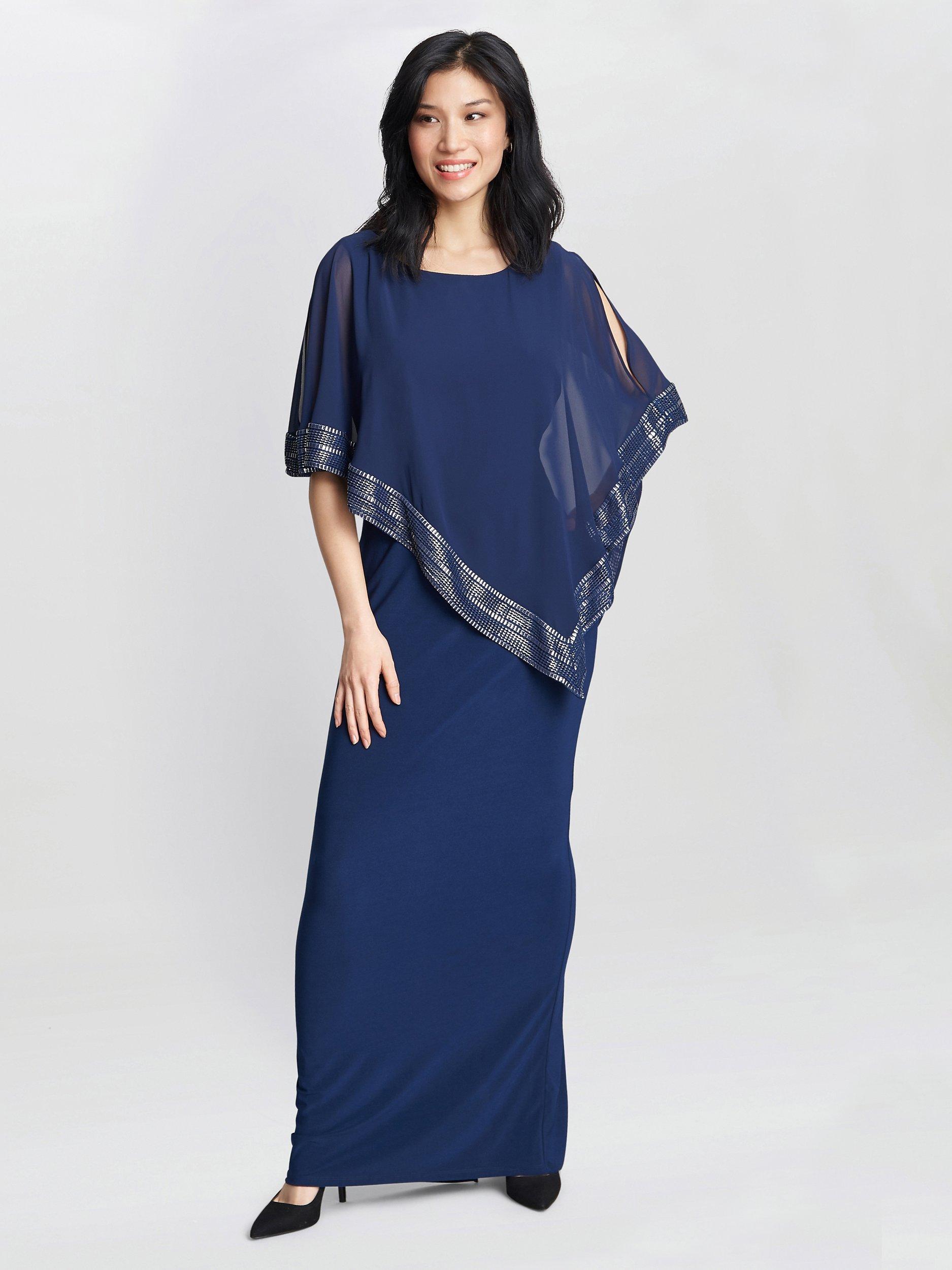 Product image 3 of 5, which shows Gina Bacconi Amber Asymmetrical Cape Maxi Dress, Dark Navy, 14