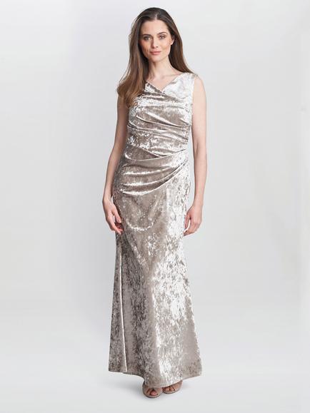 Gina Bacconi Talia Crushed Velvet Maxi Dress, Beige