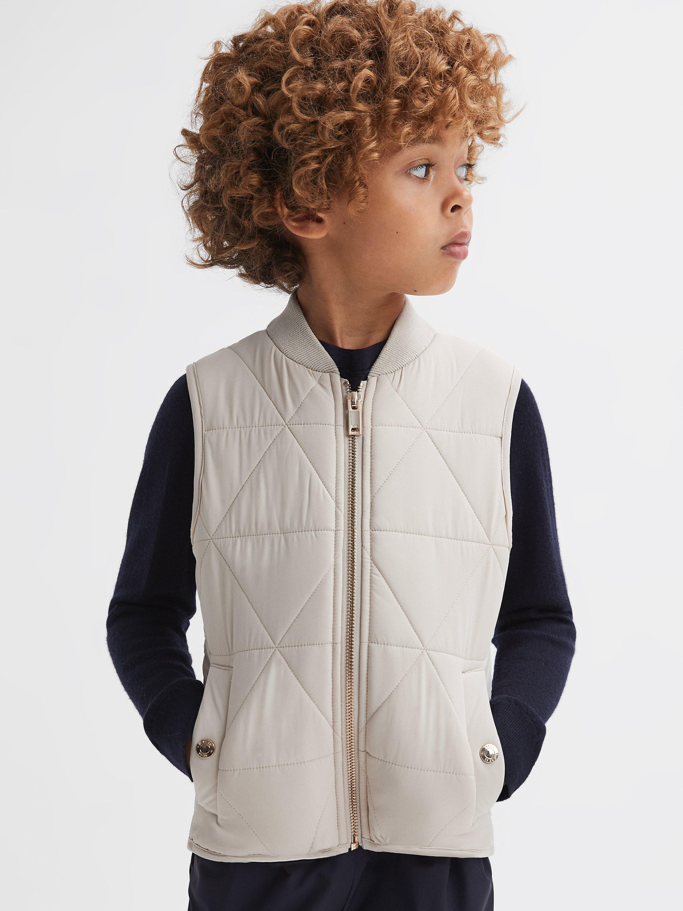 Reiss Kids' Ritchie Hybrid Knitted Quilted Gilet, Stone