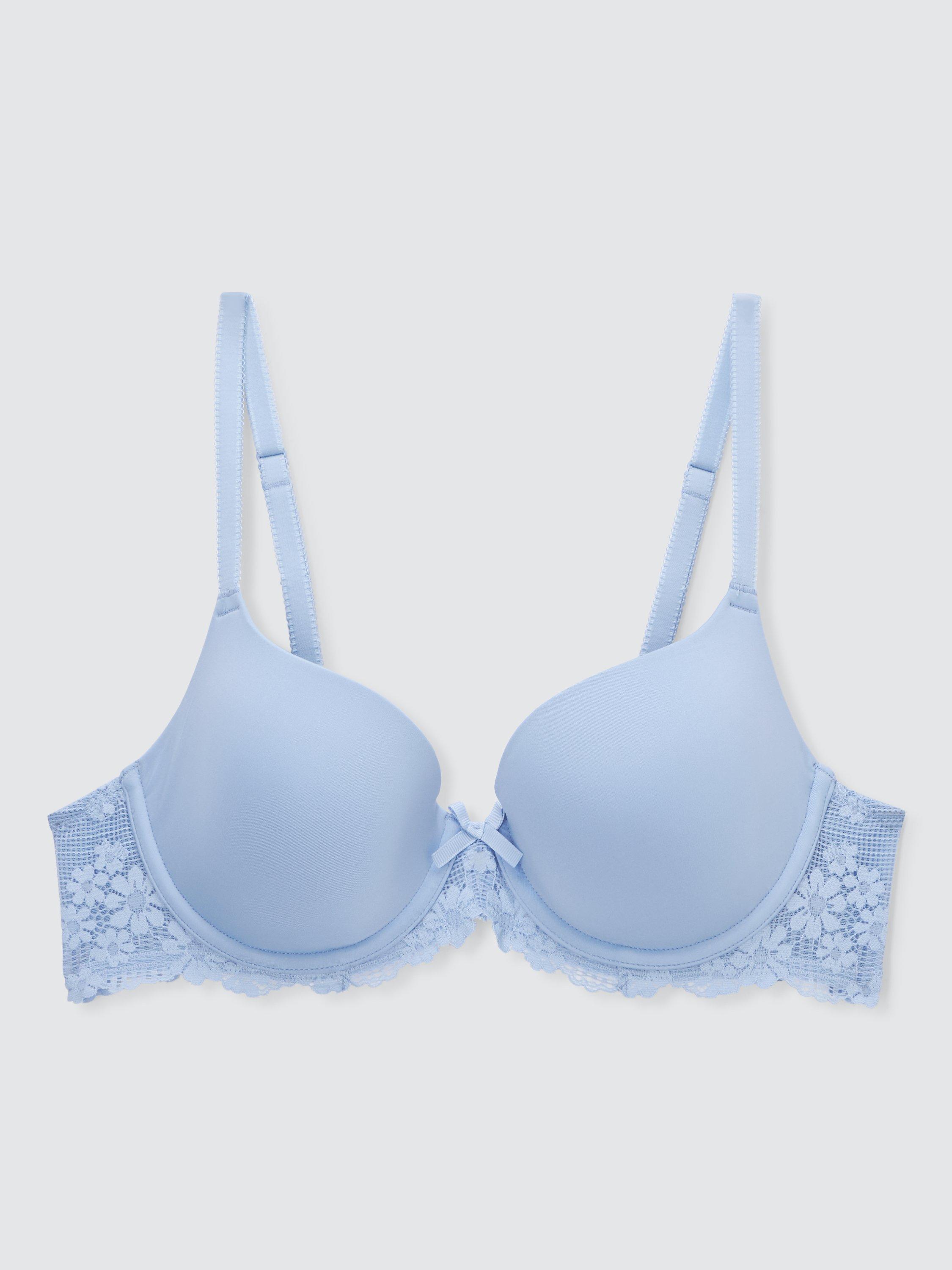 Product image 4 of 7, which shows John Lewis Daisy Memory Foam Lace Balcony Bra, Soft Blue, 34E
