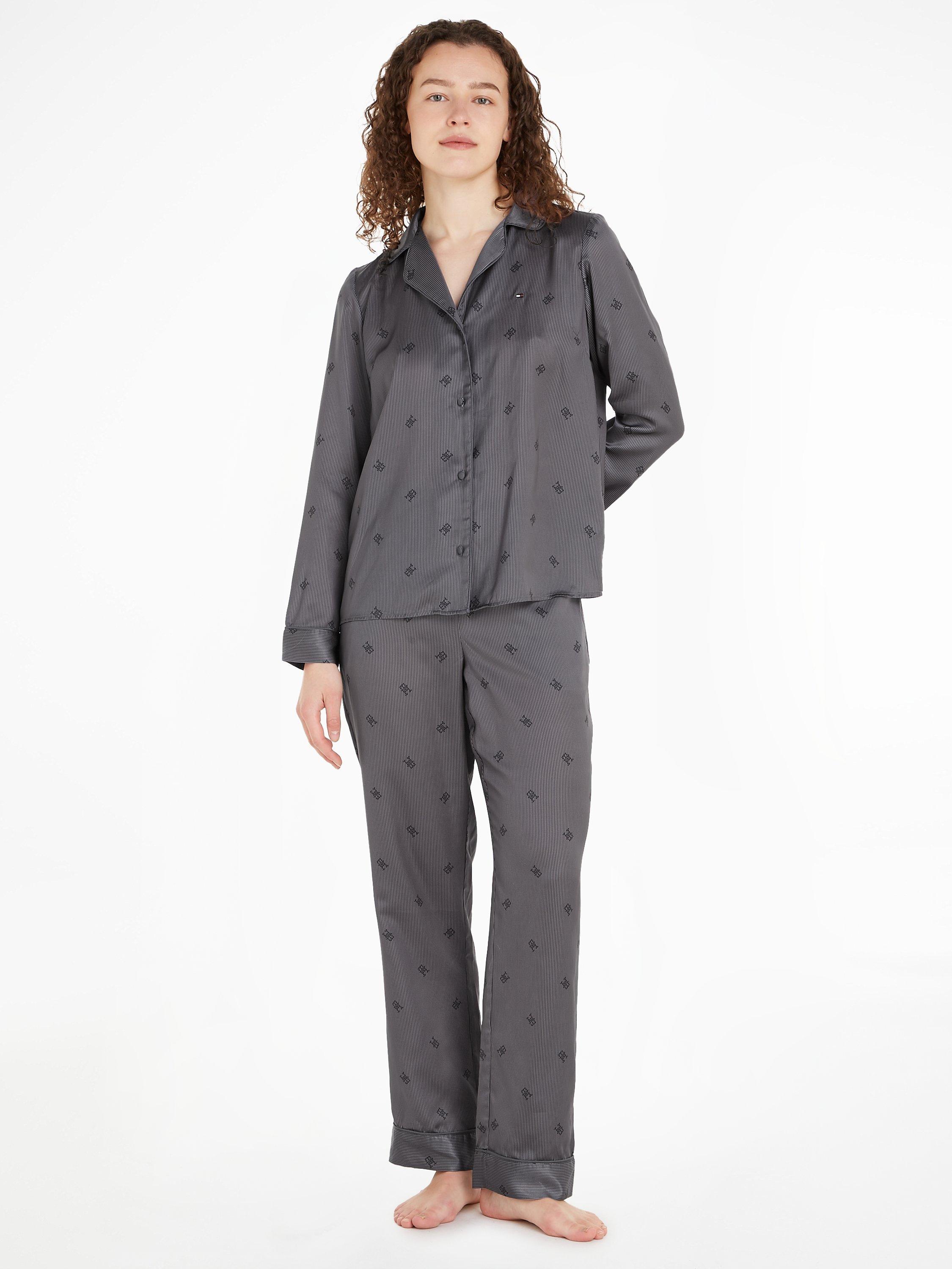 Tommy Hilfiger Pinstripe All Over Logo Satin Pyjamas, Grey