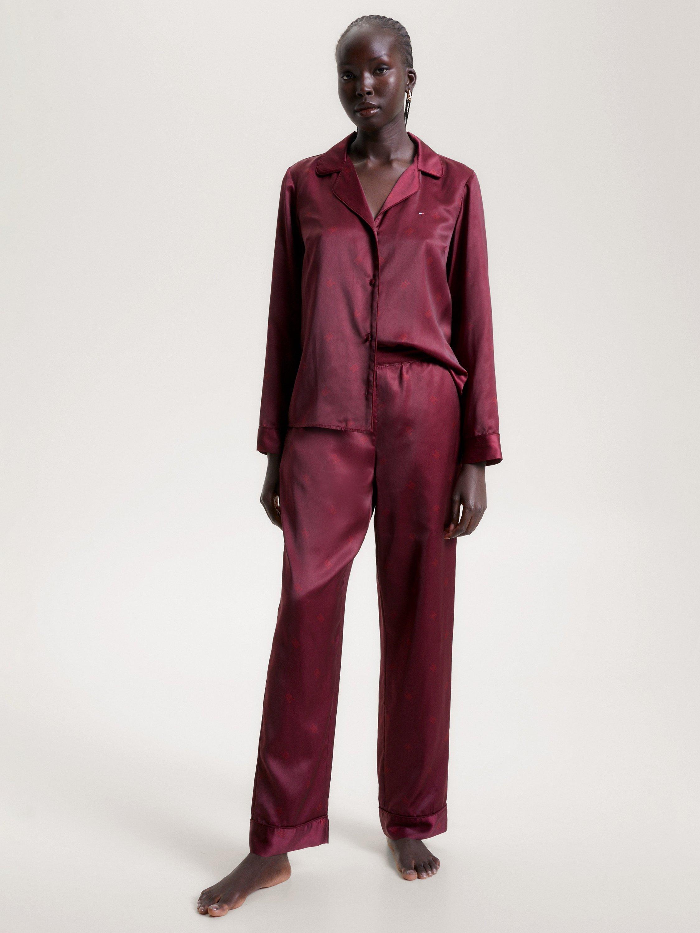 Tommy Hilfiger Satin Long Sleeve Pyjamas, Deep Red