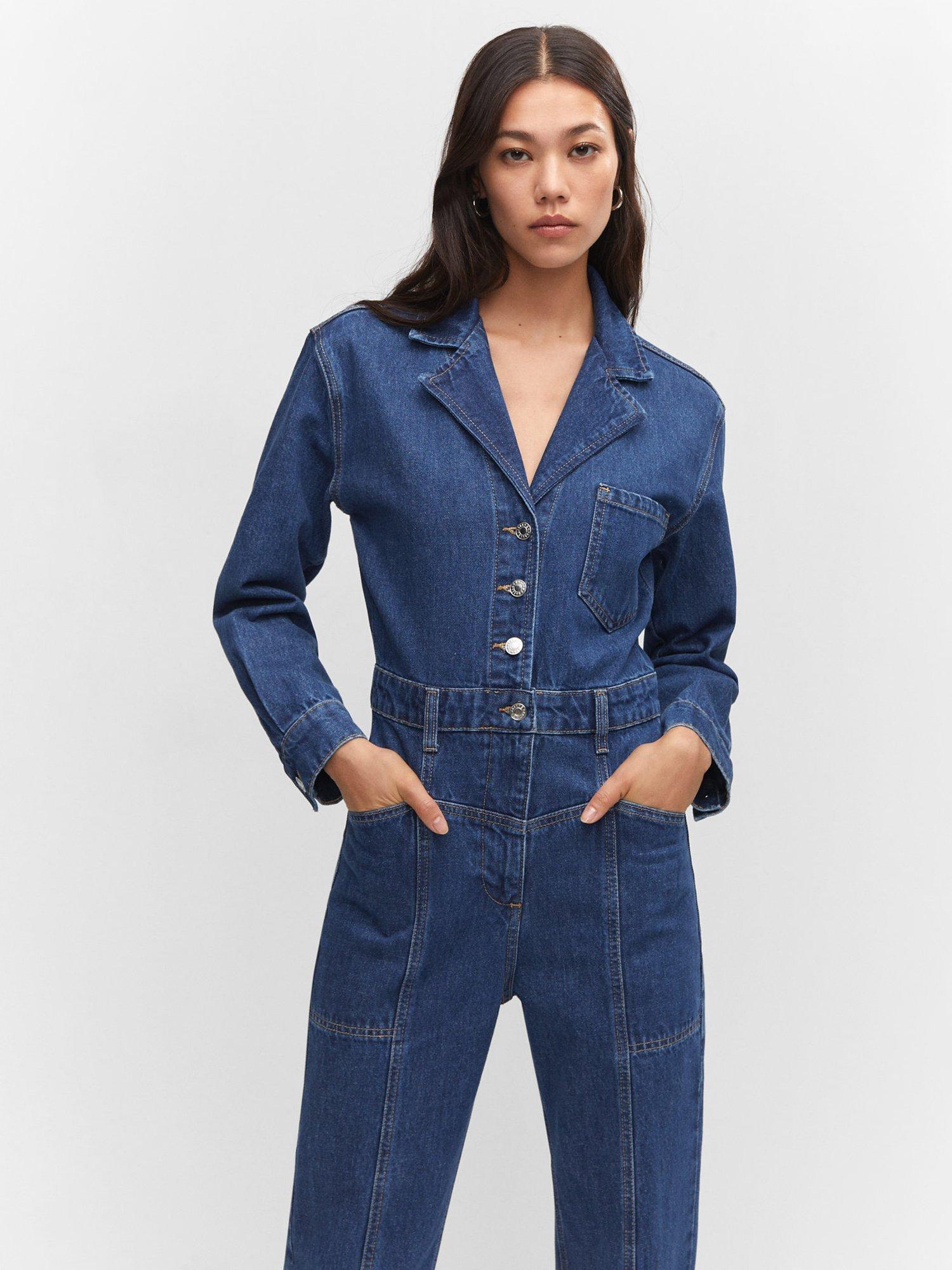 Mango Susan Denim Boiler Suit, Open Blue