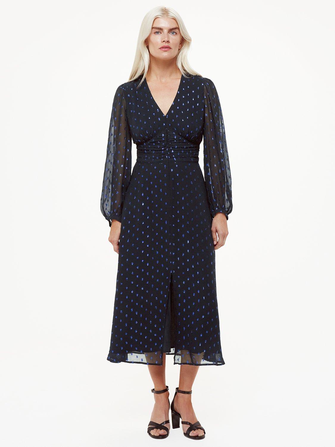 Whistles Petite Metallic Dobby Spot Midi Dress, Navy/Blue