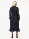 Whistles Petite Metallic Dobby Spot Midi Dress, Navy/Blue
